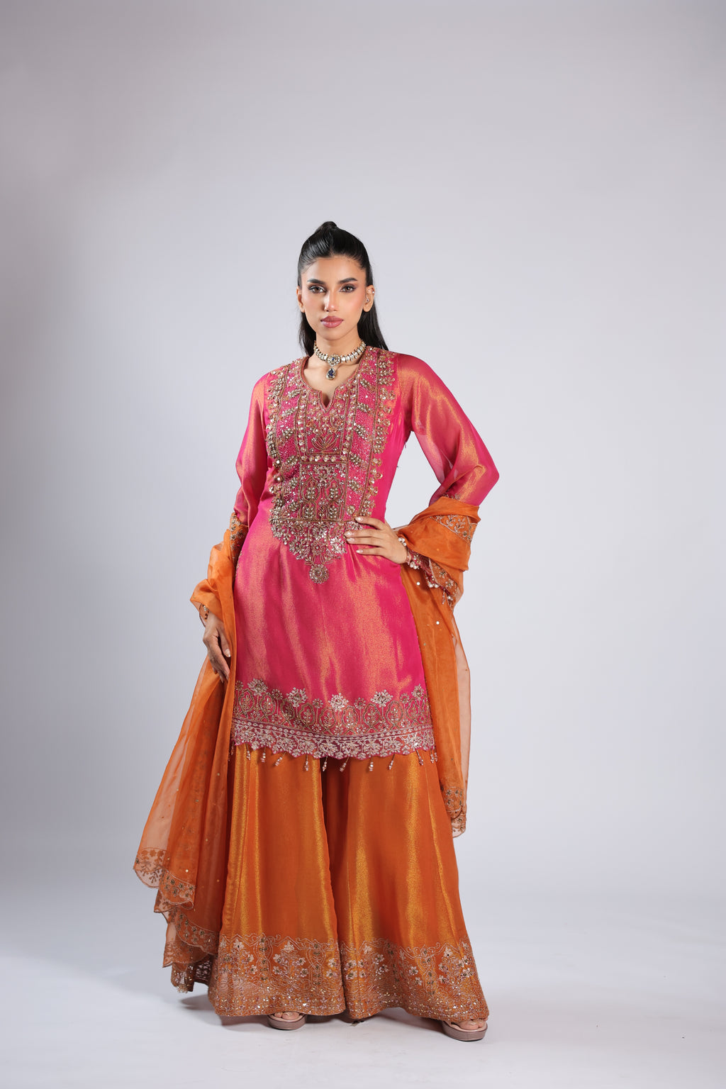 Hot Pink Rm Kurti in Tafta Silk with Zari ,Sequins  &  Zardozi Work