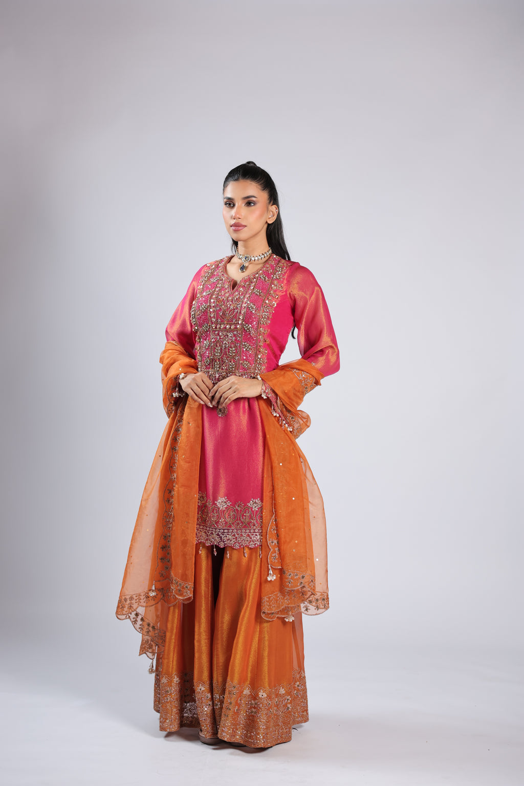 Hot Pink Rm Kurti in Tafta Silk with Zari ,Sequins  &  Zardozi Work