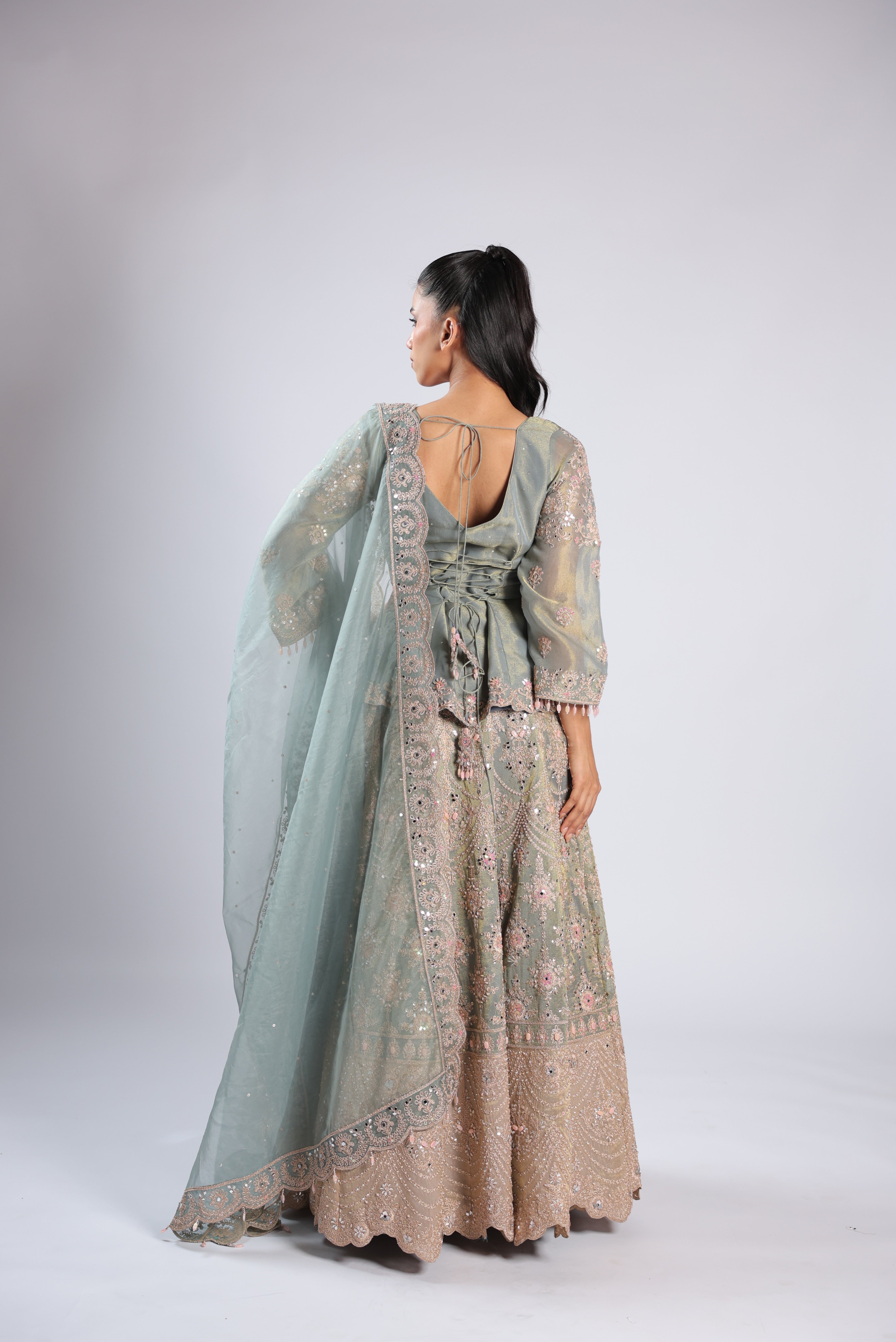 Blue Lehenga Choli in Tissue Silk with Zari, Sequins & Thread Work