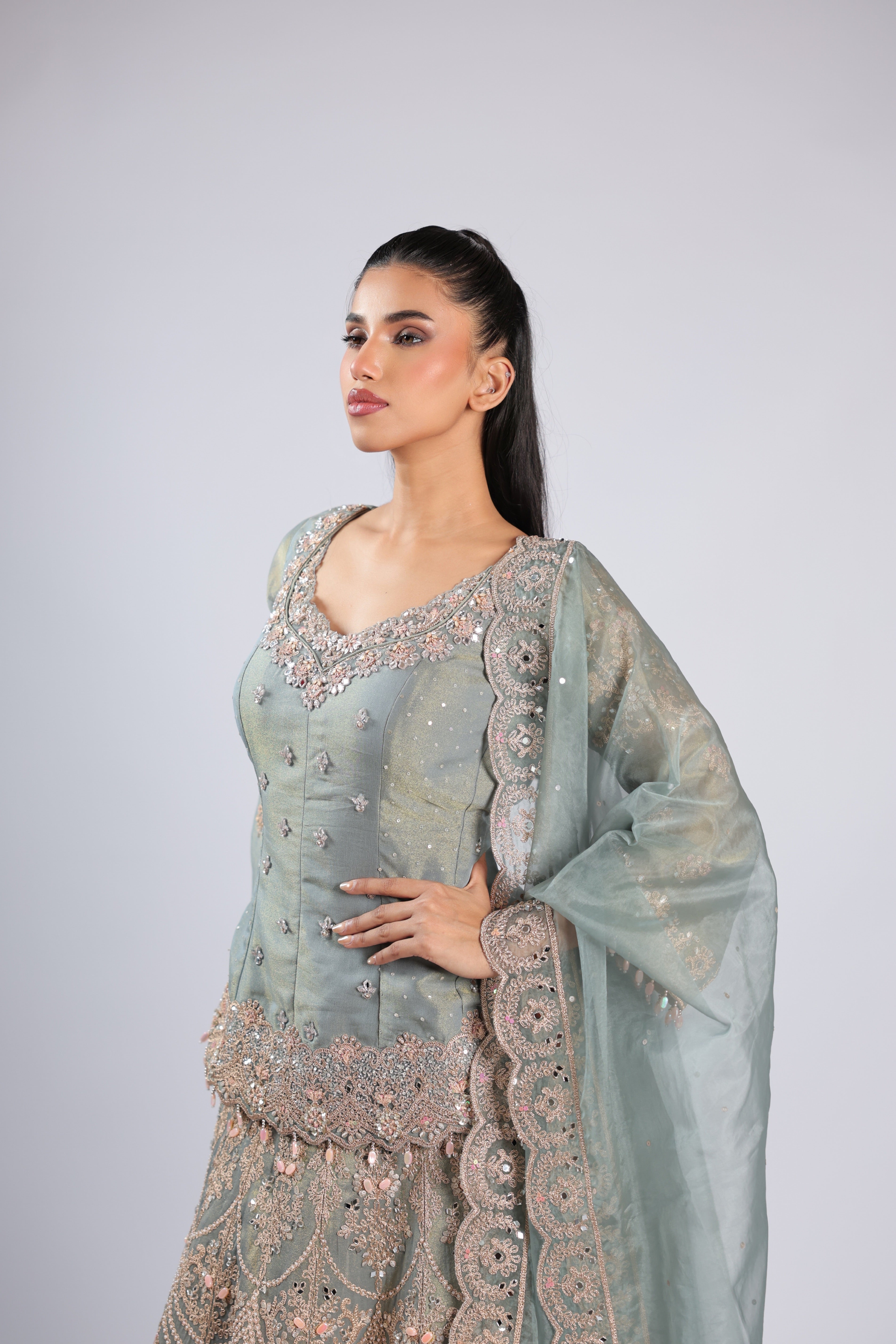 Blue Lehenga Choli in Tissue Silk with Zari, Sequins & Thread Work