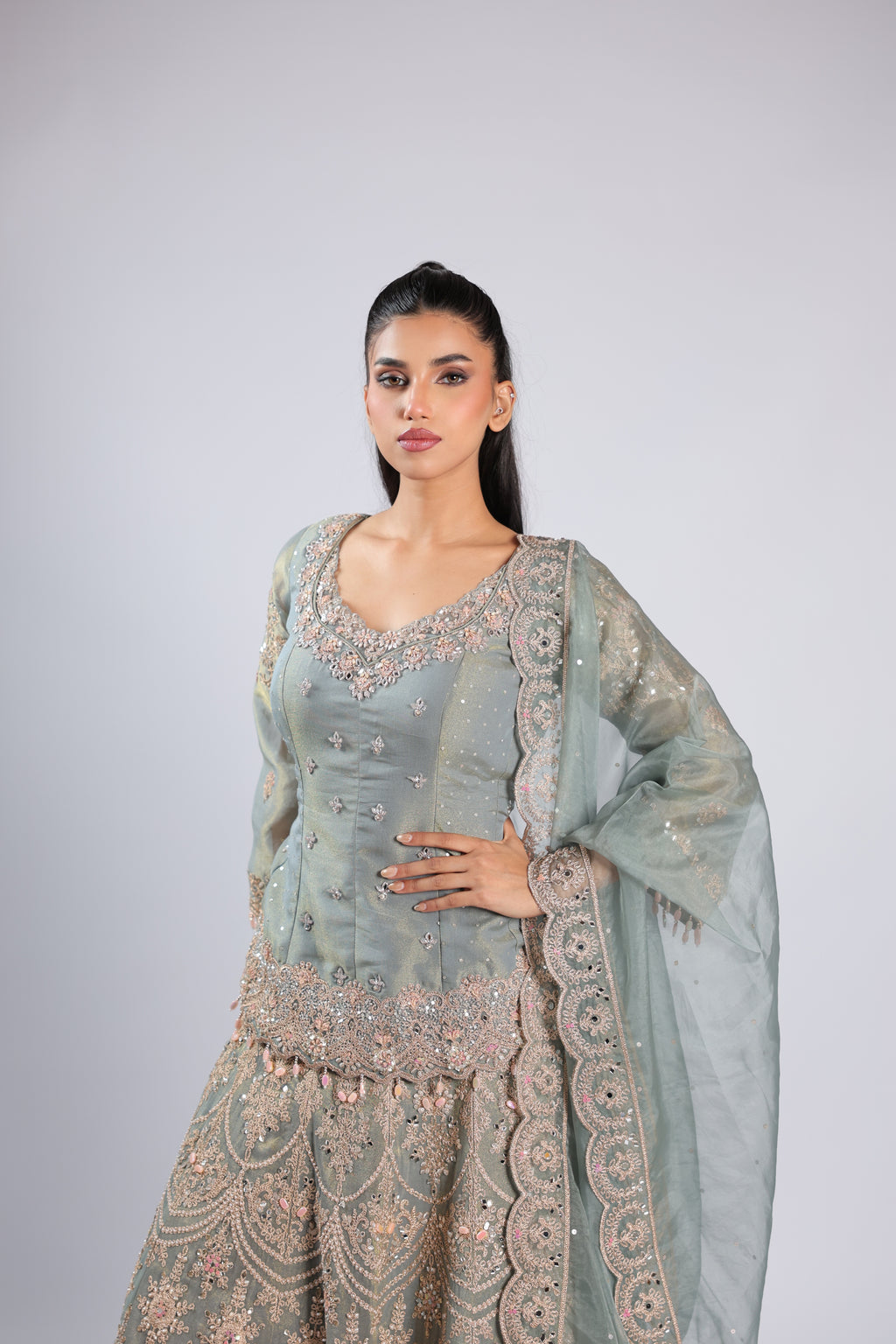 Blue Lehenga Choli in Tissue Silk with Zari, Sequins & Thread Work
