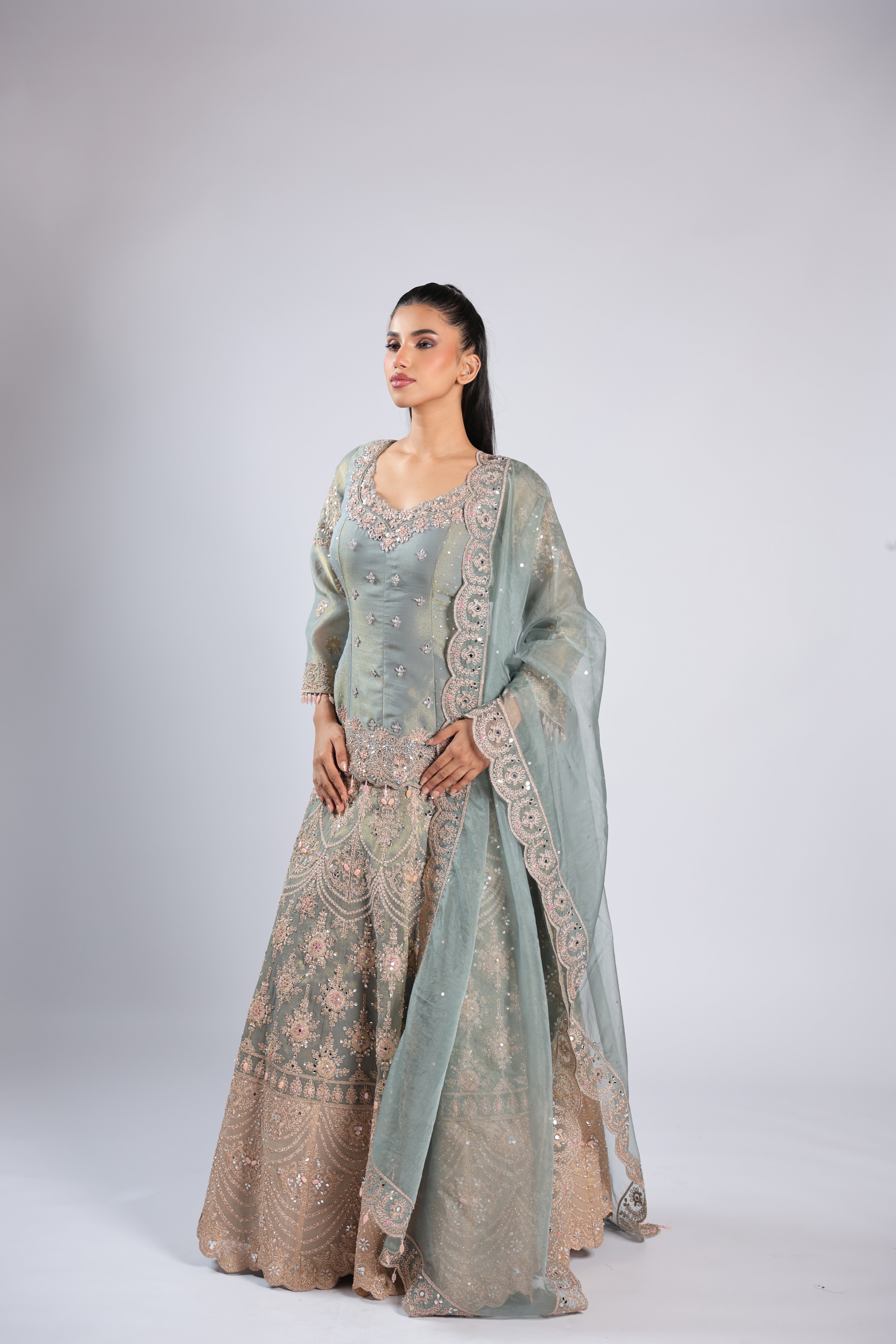 Blue Lehenga Choli in Tissue Silk with Zari, Sequins & Thread Work