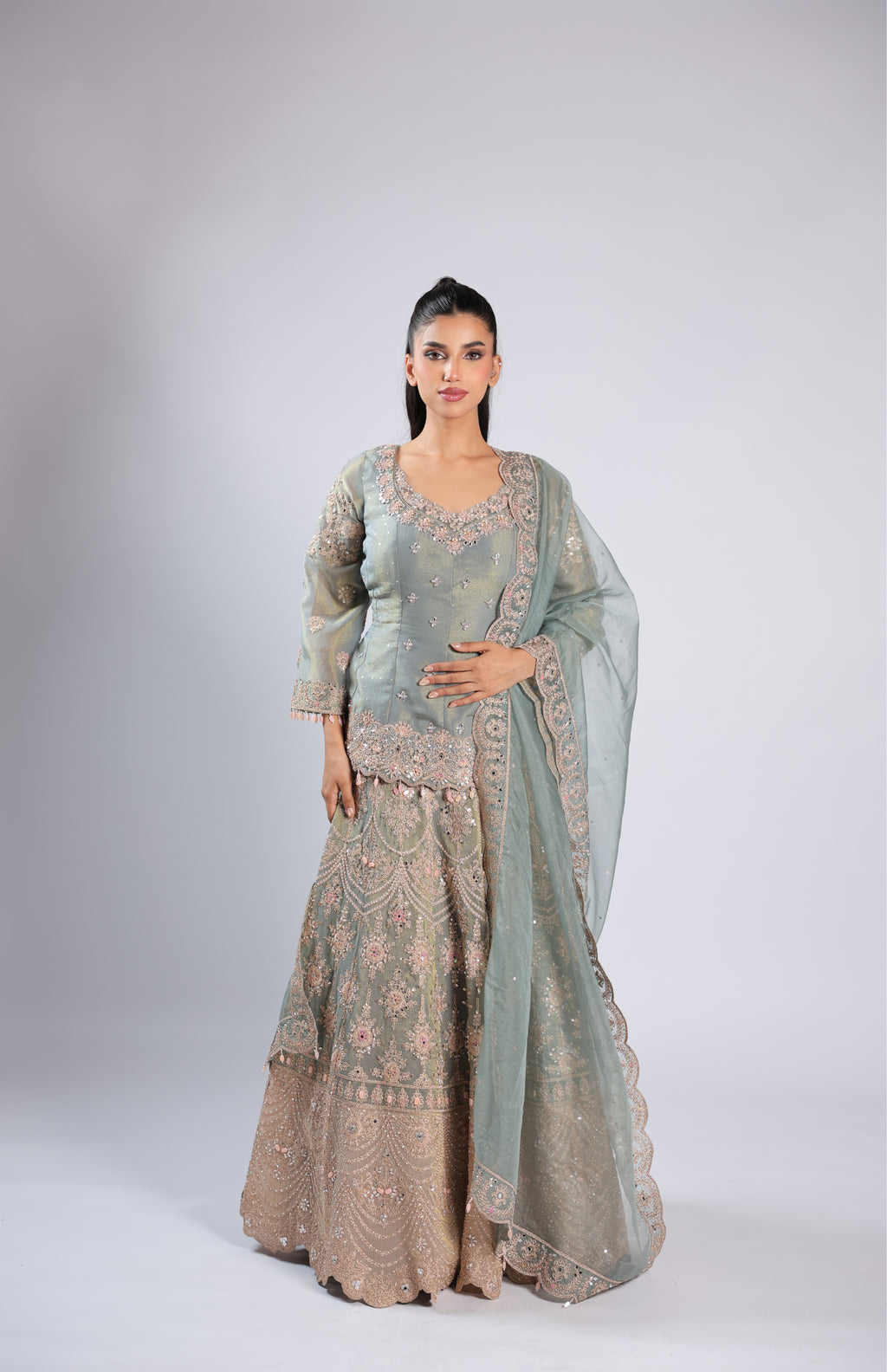 Blue Lehenga Choli in Tissue Silk with Zari, Sequins & Thread Work
