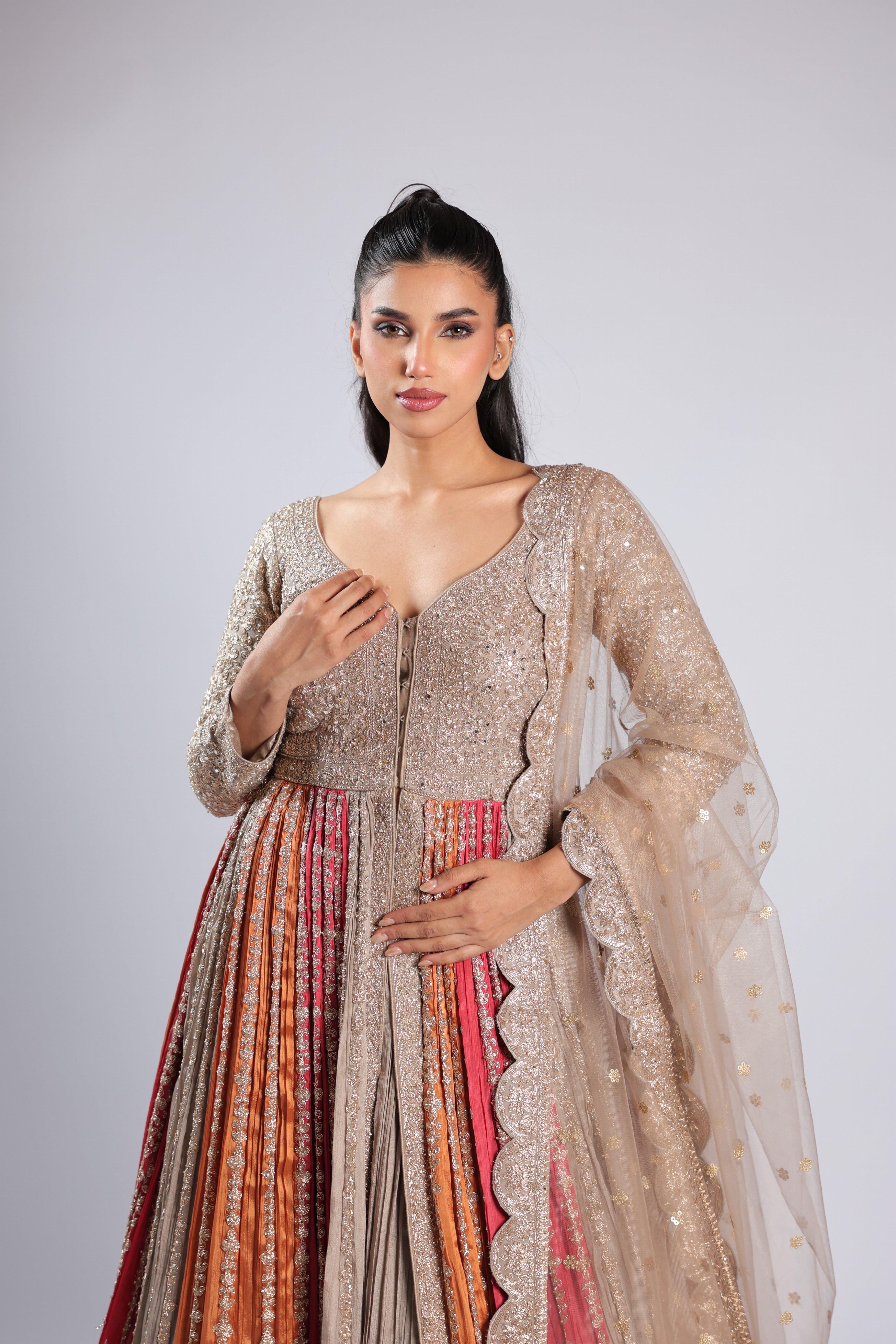 Multi Indo-Westwern in Chinon with Zari, Sequins & Stone Work