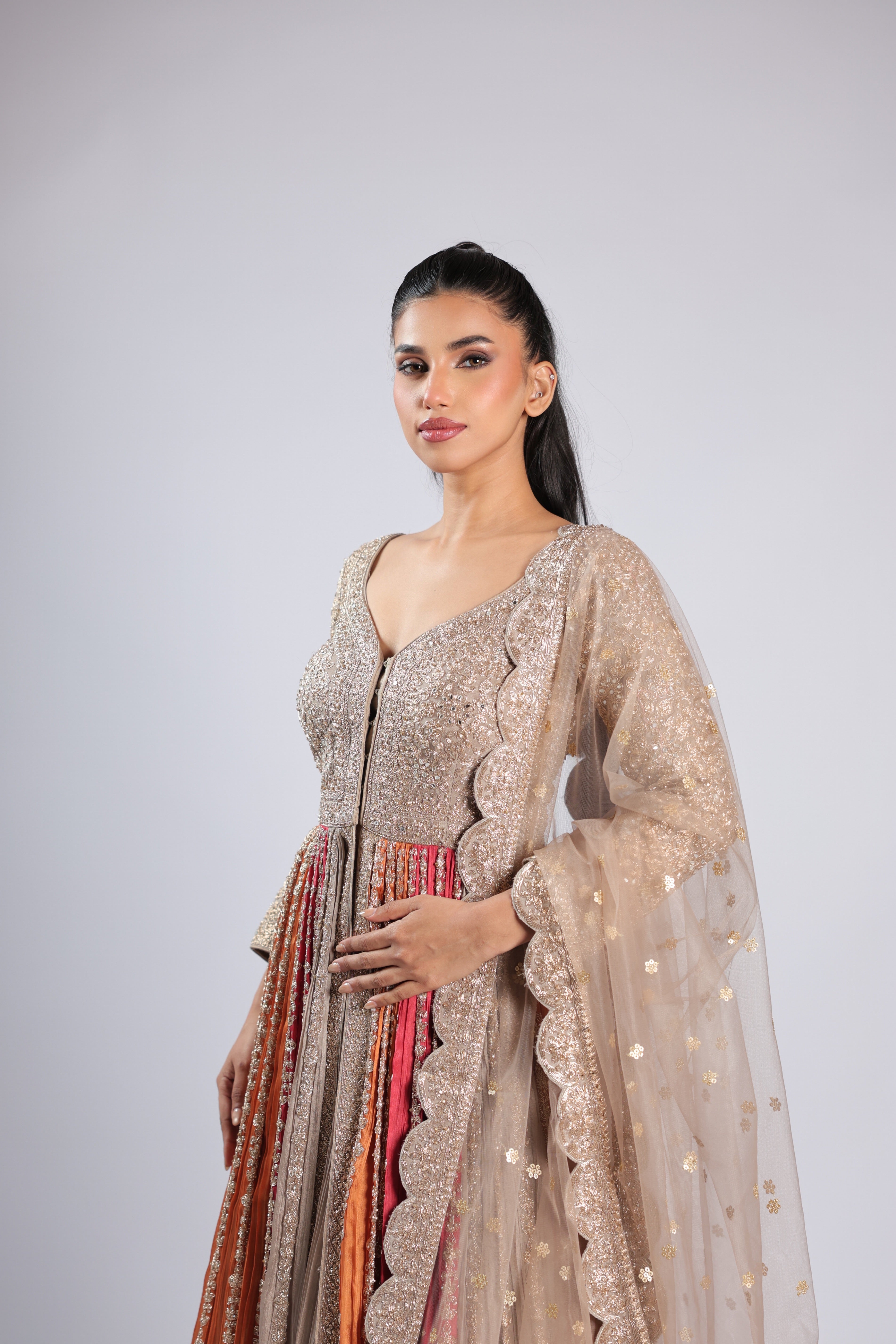 Multi Indo-Westwern in Chinon with Zari, Sequins & Stone Work