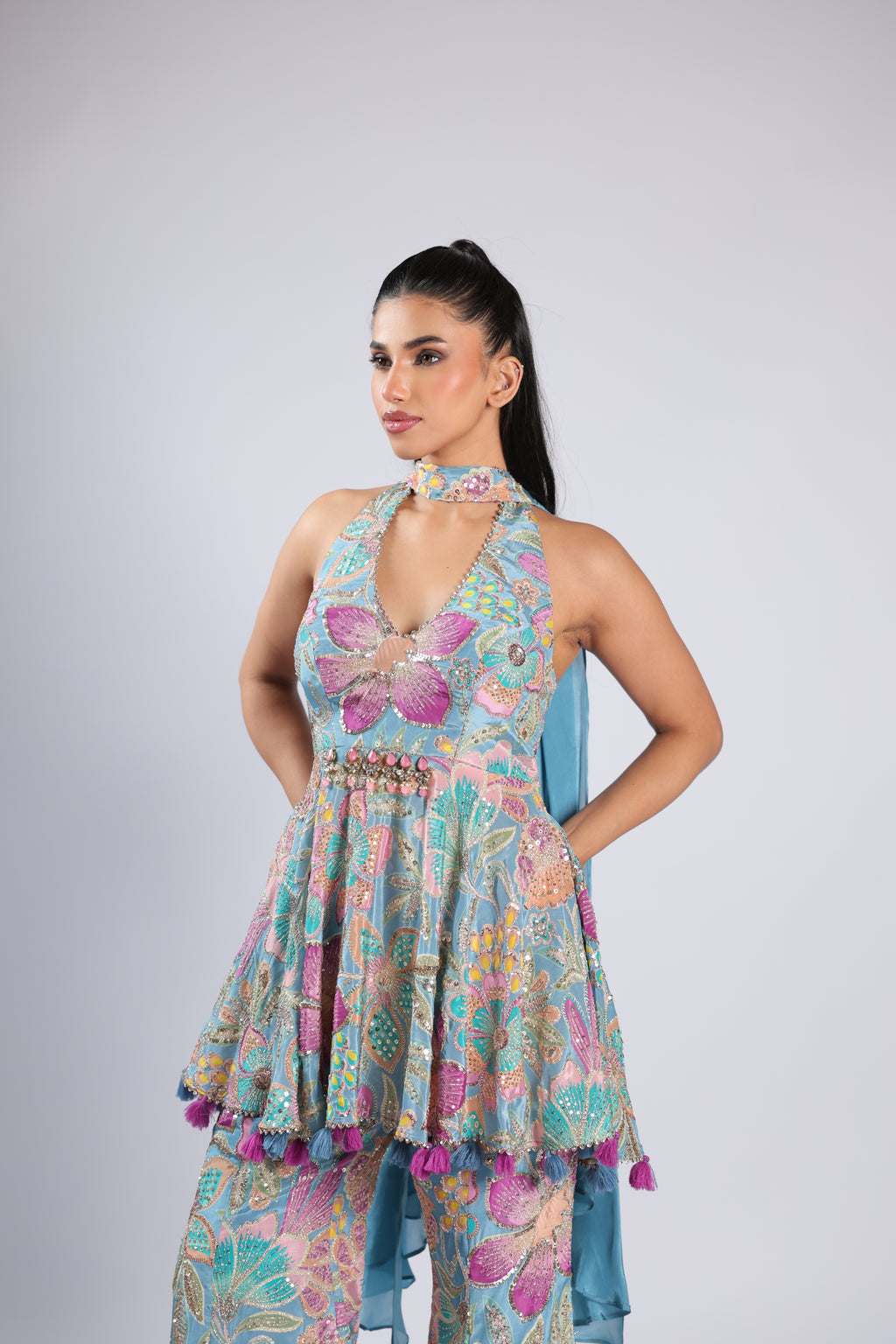 Multi Rm Plazzo Kurti in Crepe with Sequins & Zari Work