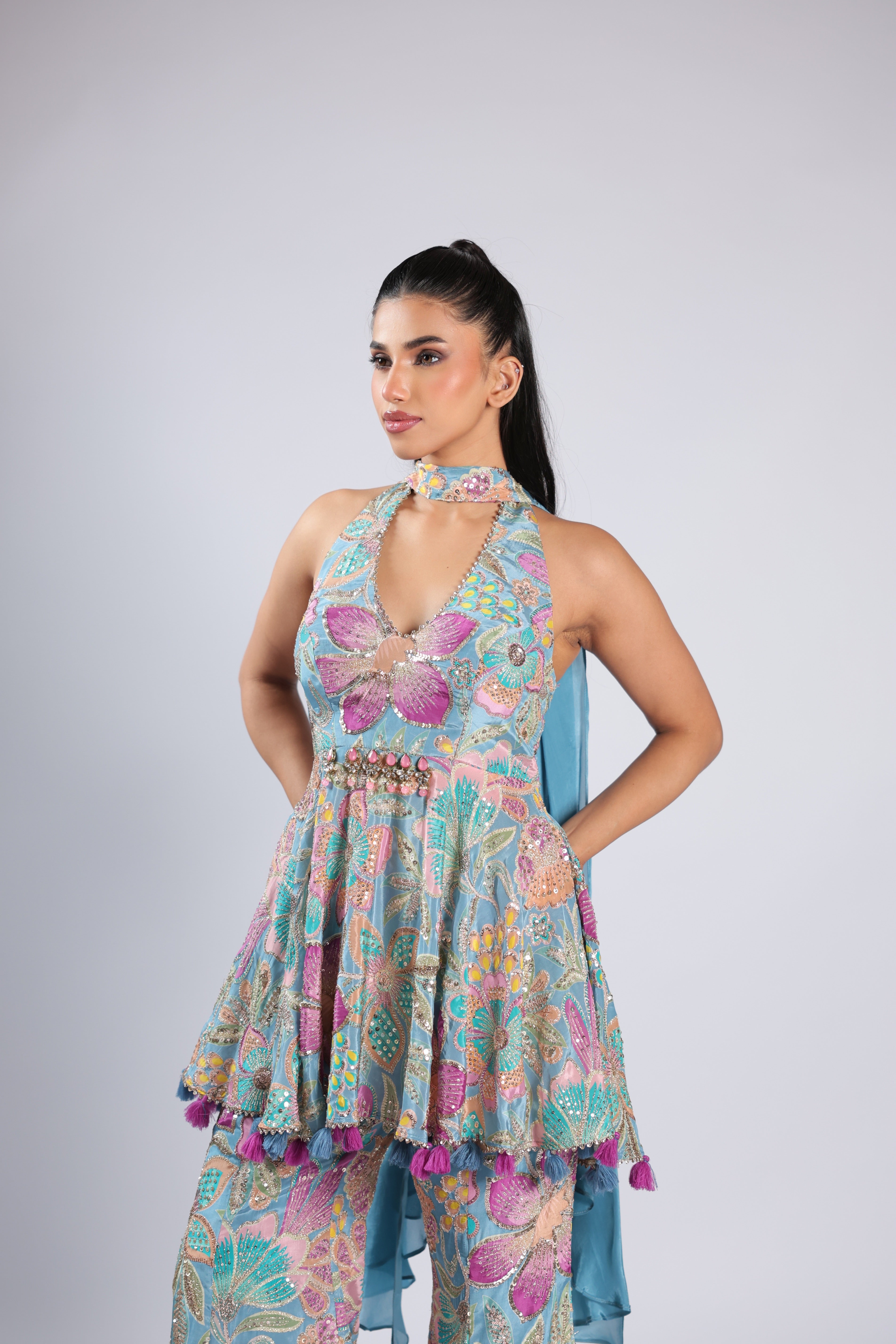 Multi Rm Plazzo Kurti in Crepe with Sequins & Zari Work