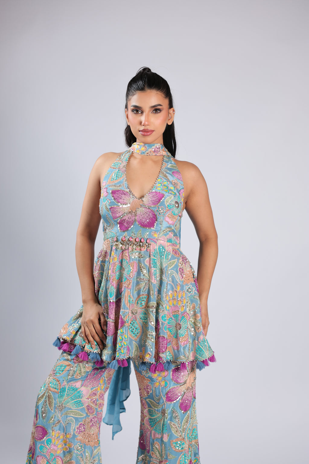 Multi Rm Plazzo Kurti in Crepe with Sequins & Zari Work