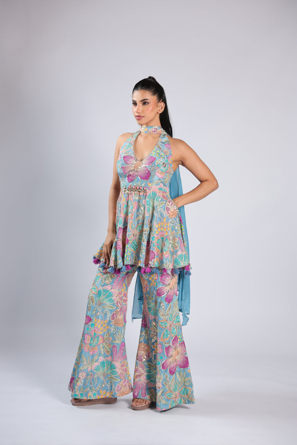 Multi Rm Plazzo Kurti in Crepe with Sequins & Zari Work