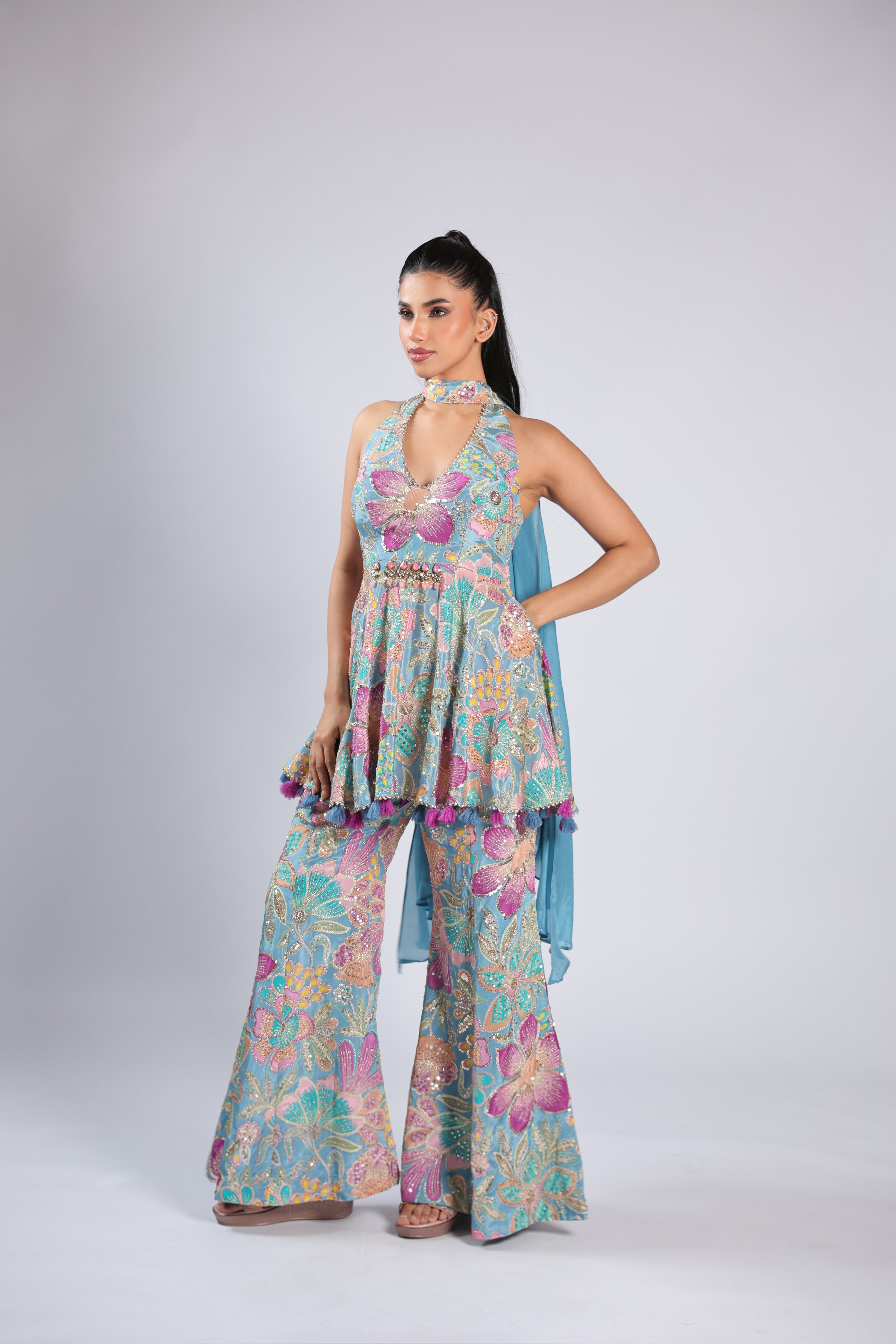 Multi Rm Plazzo Kurti in Crepe with Sequins & Zari Work