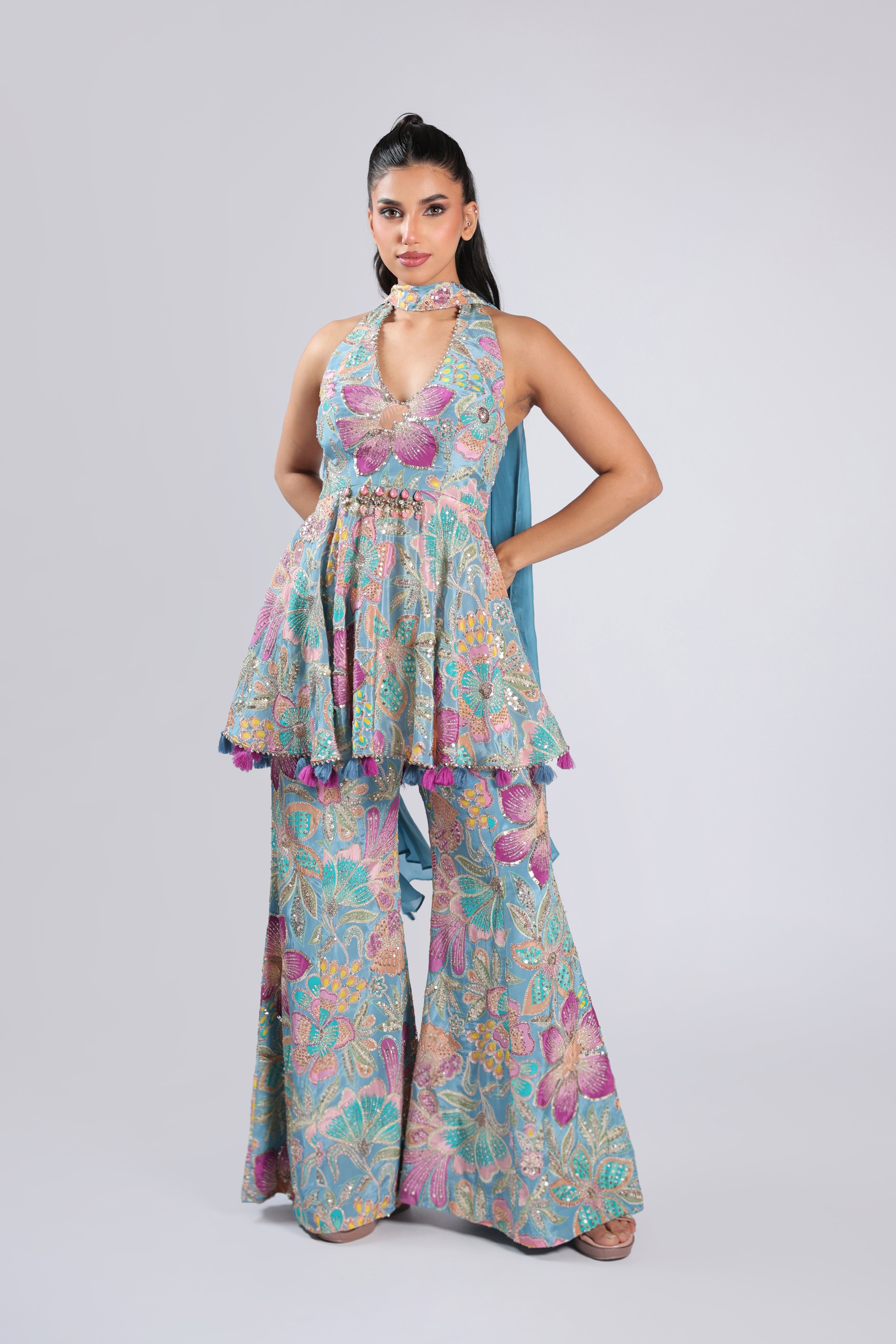 Multi Rm Plazzo Kurti in Crepe with Sequins & Zari Work