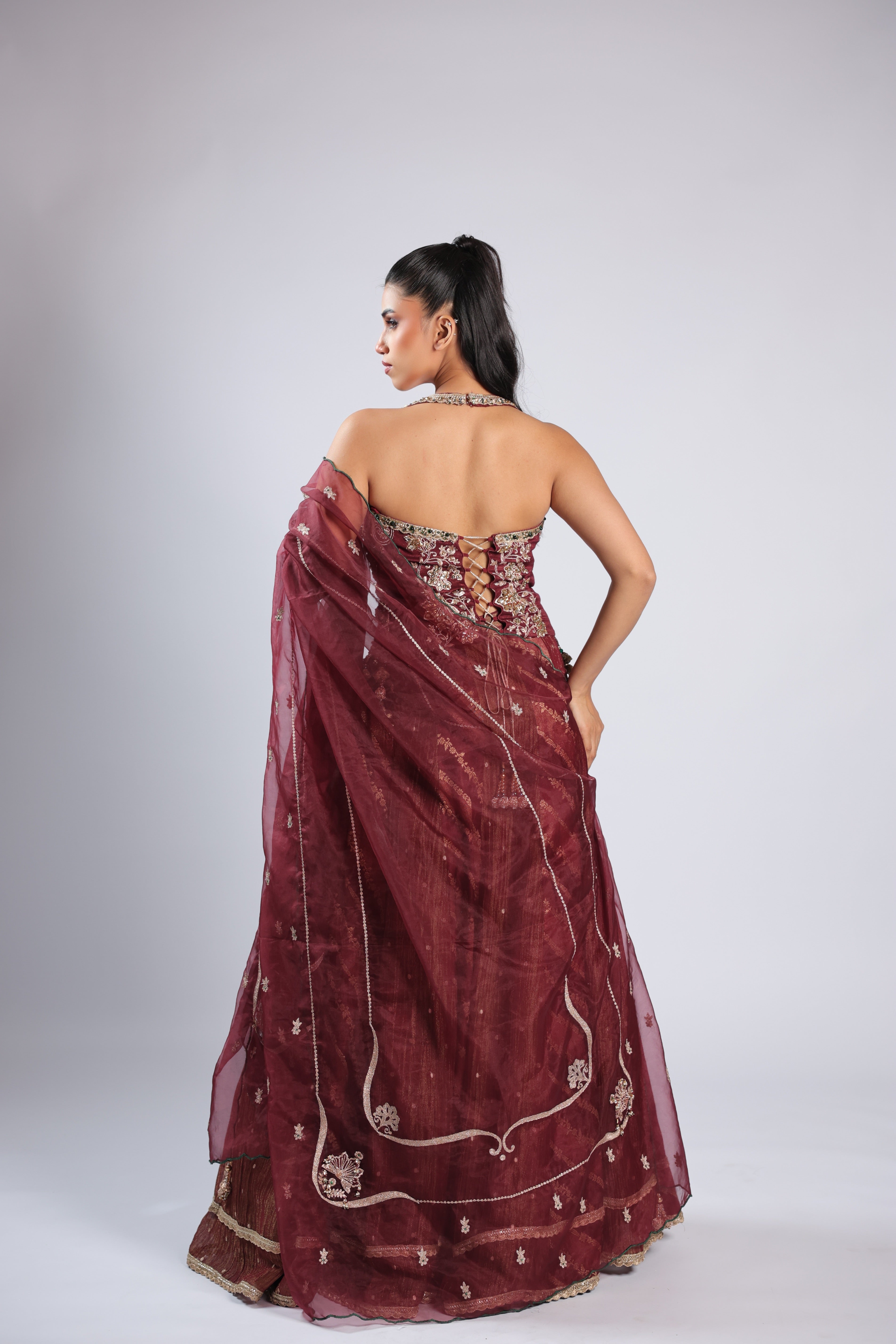 Mahroon Lehenga Choli in Banarsi Silk with Zari, Cutdana Sequins & Kundan Work