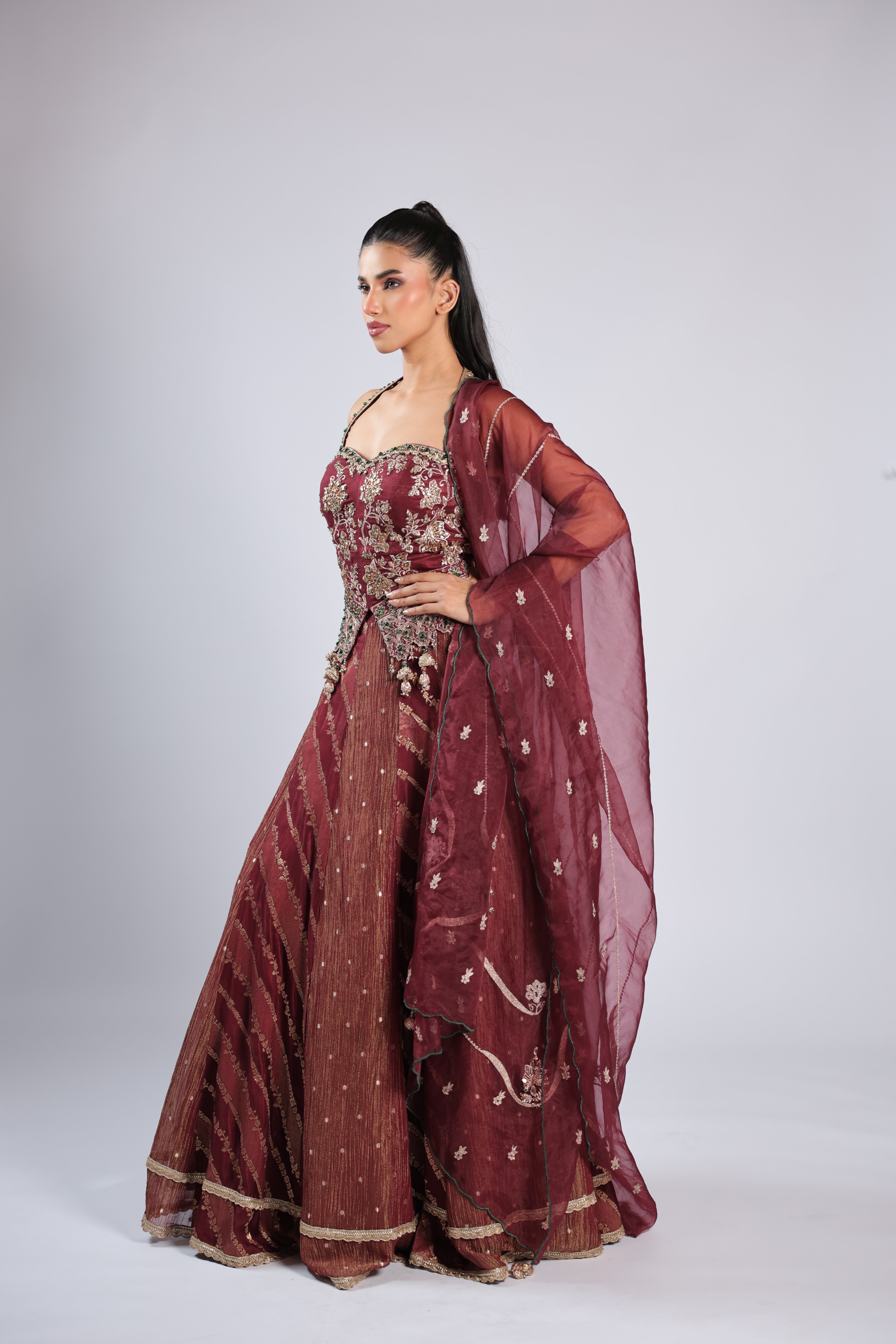 Mahroon Lehenga Choli in Banarsi Silk with Zari, Cutdana Sequins & Kundan Work