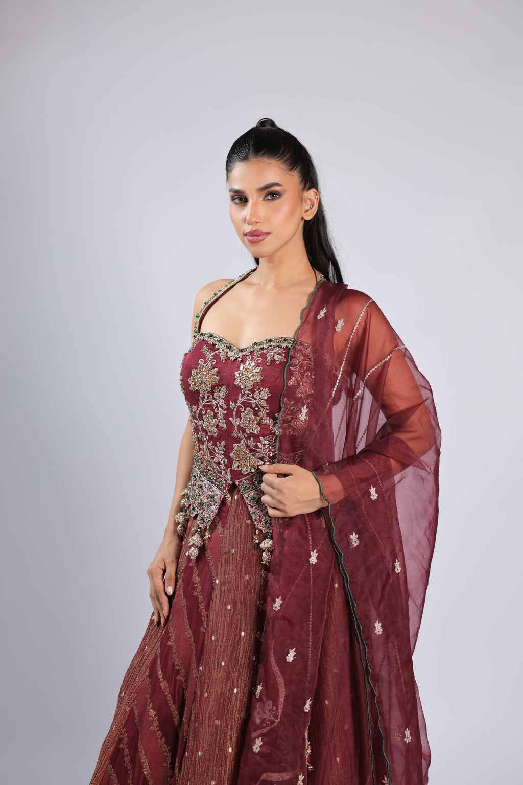Mahroon Lehenga Choli in Banarsi Silk with Zari, Cutdana Sequins & Kundan Work