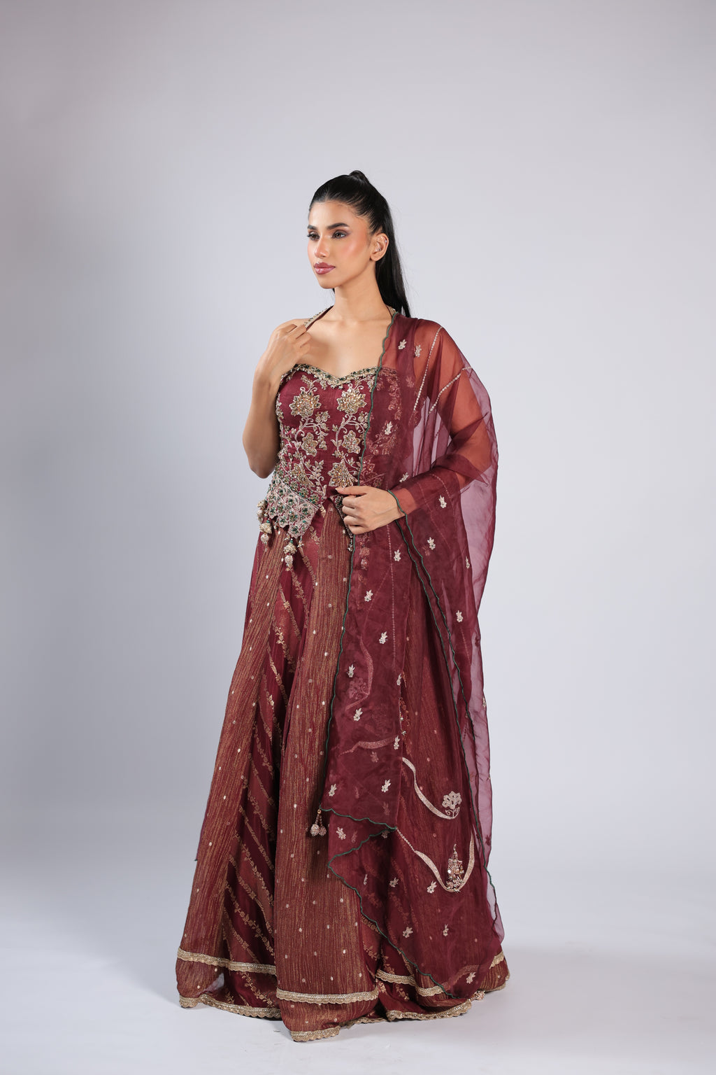 Mahroon Lehenga Choli in Banarsi Silk with Zari, Cutdana Sequins & Kundan Work