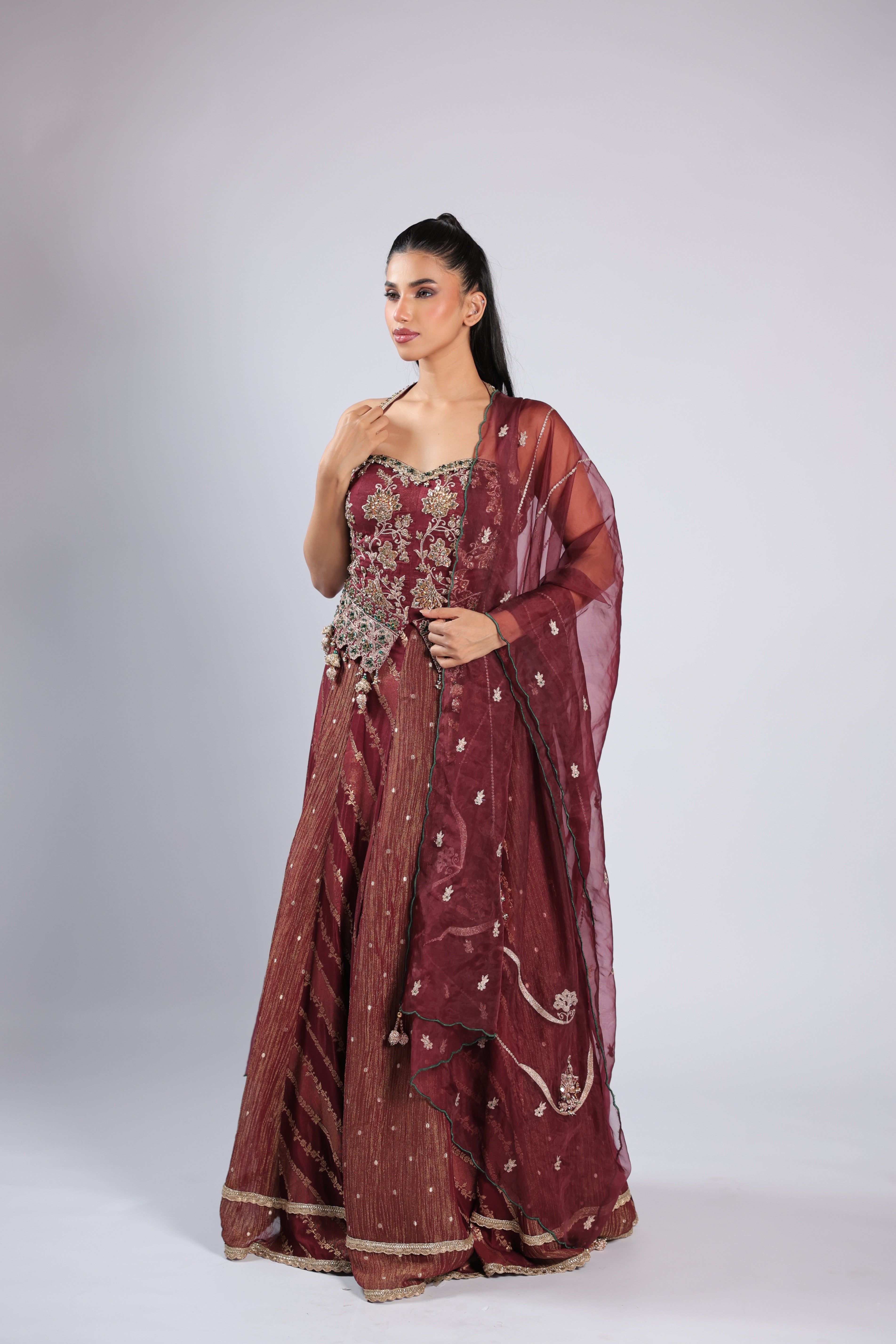 Mahroon Lehenga Choli in Banarsi Silk with Zari, Cutdana Sequins & Kundan Work
