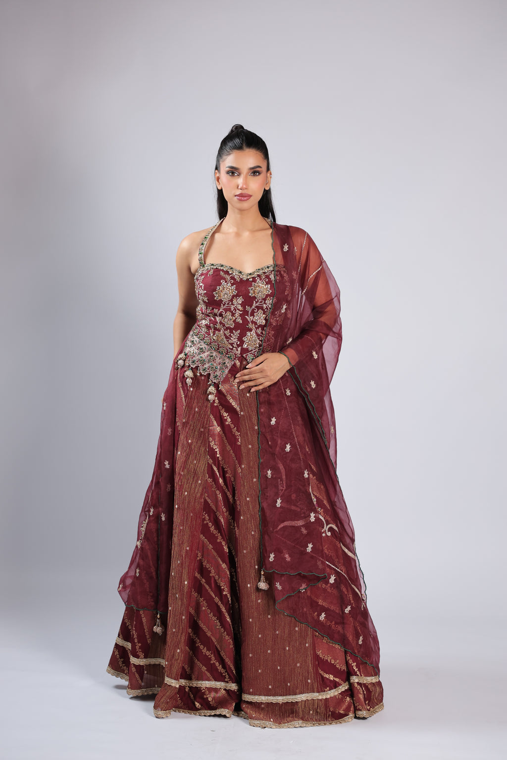 Mahroon Lehenga Choli in Banarsi Silk with Zari, Cutdana Sequins & Kundan Work