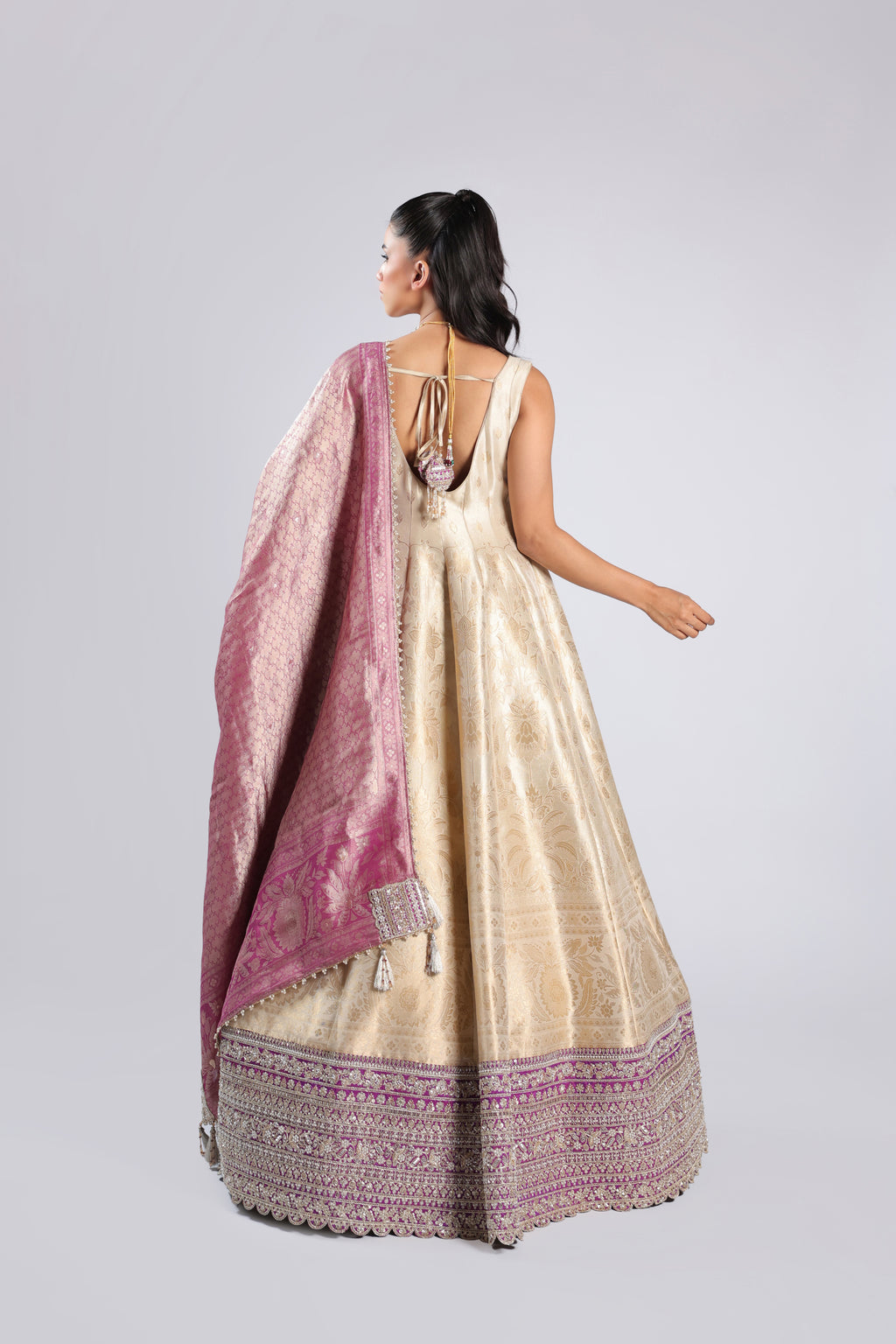 Sunflower White Anarkali Suit in Banarsi Silk with Rich Zari Weaving