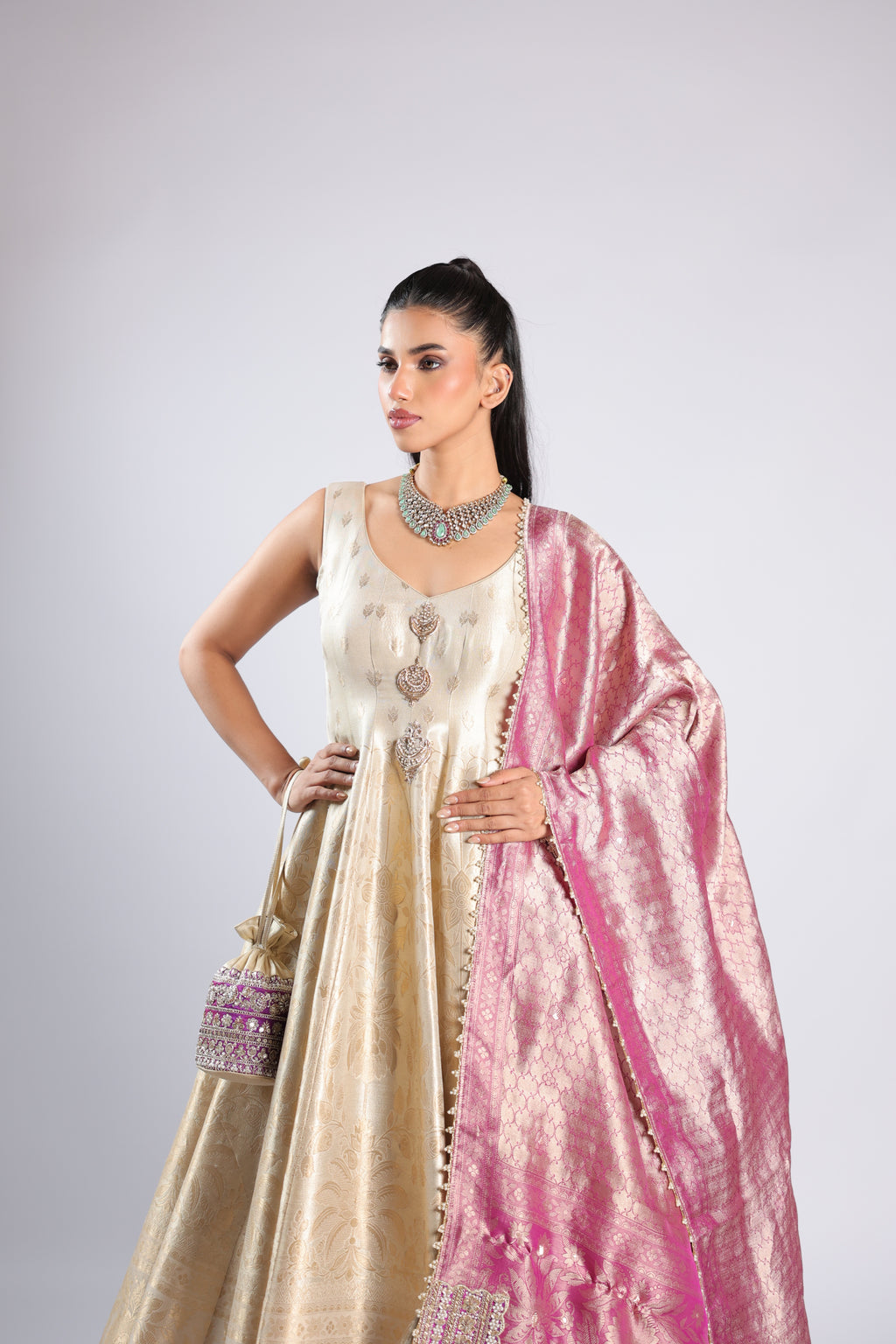 Sunflower White Anarkali Suit in Banarsi Silk with Rich Zari Weaving