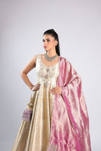Sunflower White Anarkali Suit in Banarsi Silk with Rich Zari Weaving