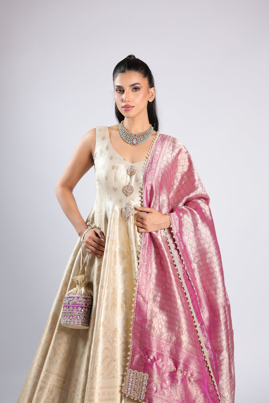 Sunflower White Anarkali Suit in Banarsi Silk with Rich Zari Weaving