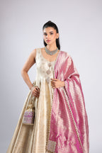 Sunflower White Anarkali Suit in Banarsi Silk with Rich Zari Weaving
