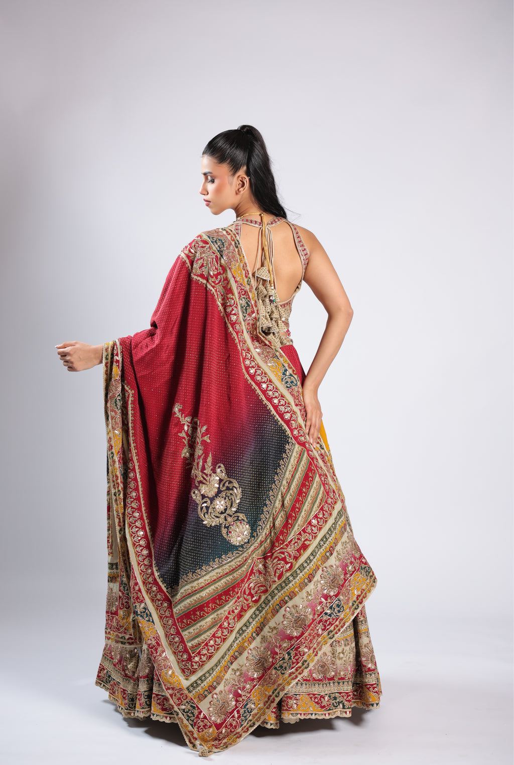 Red Lehenga Choli in Crepe with Zari, Seqins & Thread Work