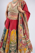 Red Lehenga Choli in Crepe with Zari, Seqins & Thread Work