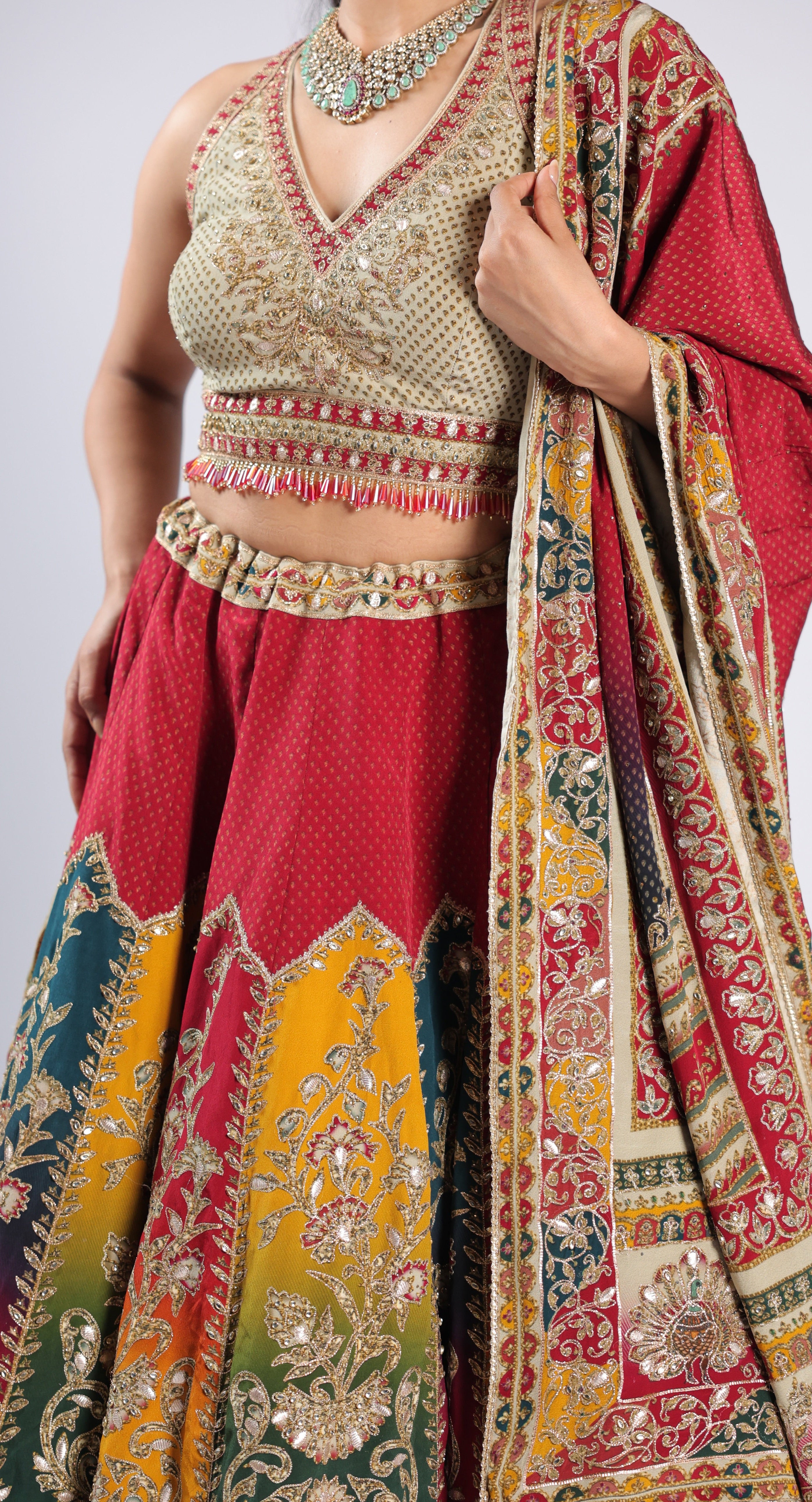 Red Lehenga Choli in Crepe with Zari, Seqins & Thread Work