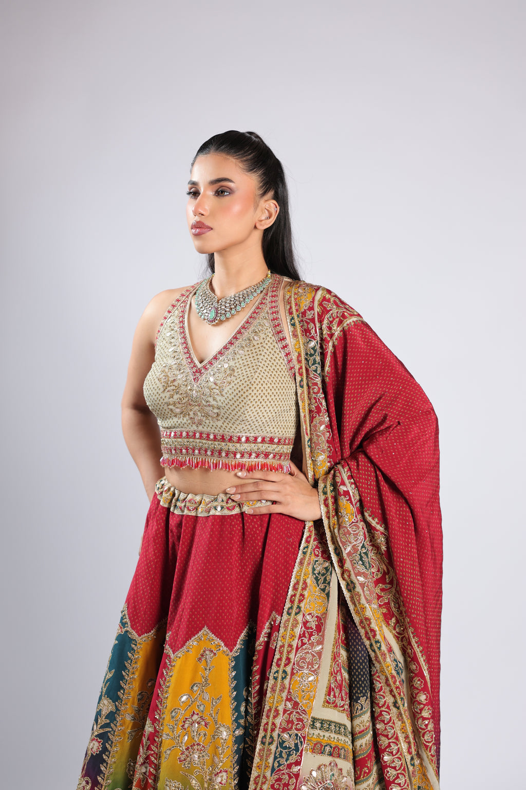 Red Lehenga Choli in Crepe with Zari, Seqins & Thread Work