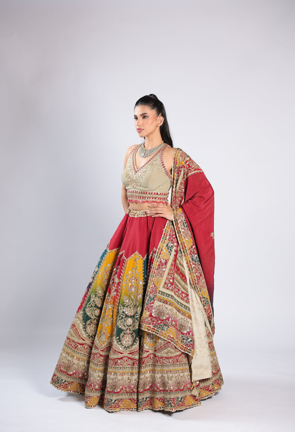 Red Lehenga Choli in Crepe with Zari, Seqins & Thread Work