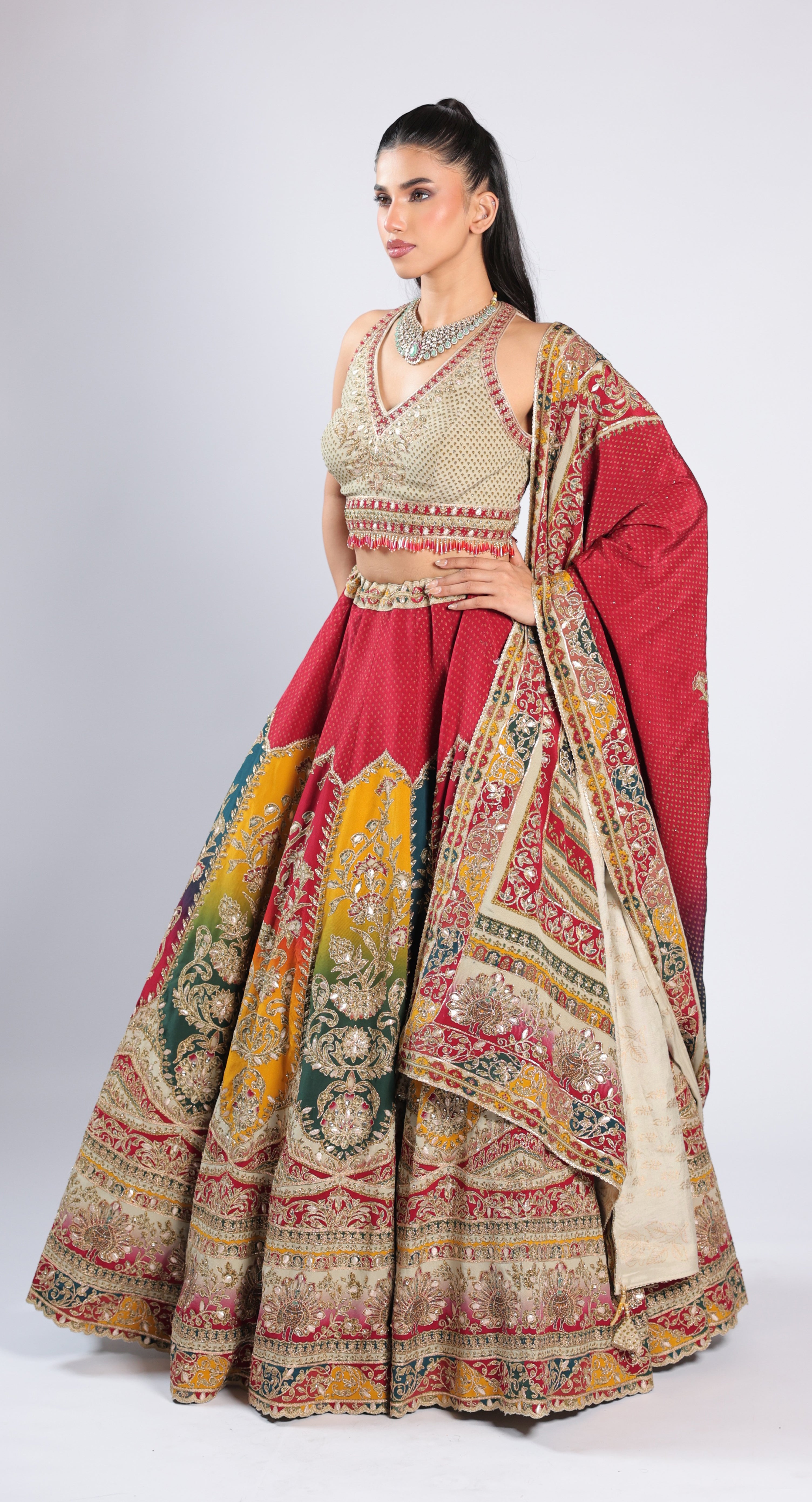 Red Lehenga Choli in Crepe with Zari, Seqins & Thread Work