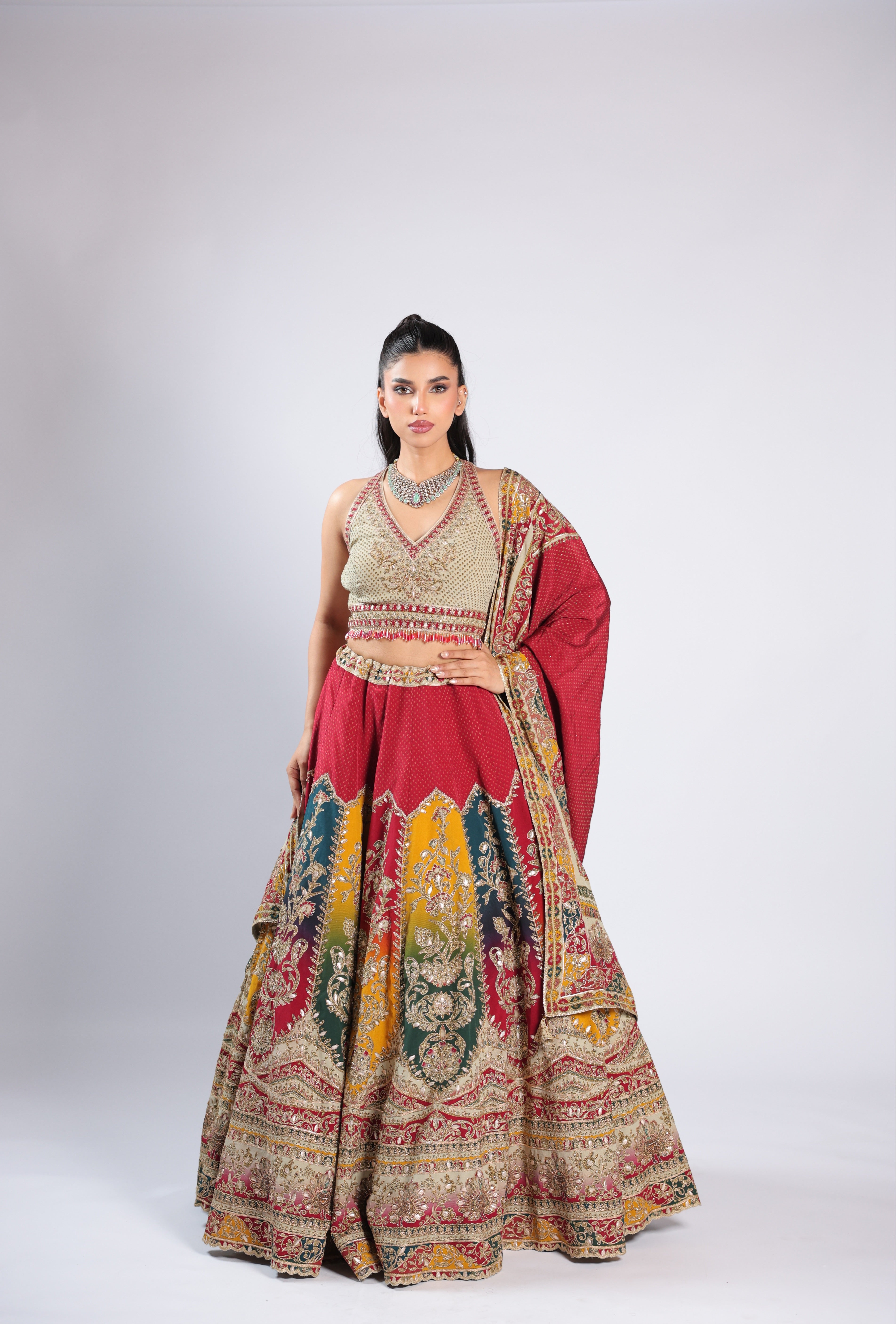 Red Lehenga Choli in Crepe with Zari, Seqins & Thread Work
