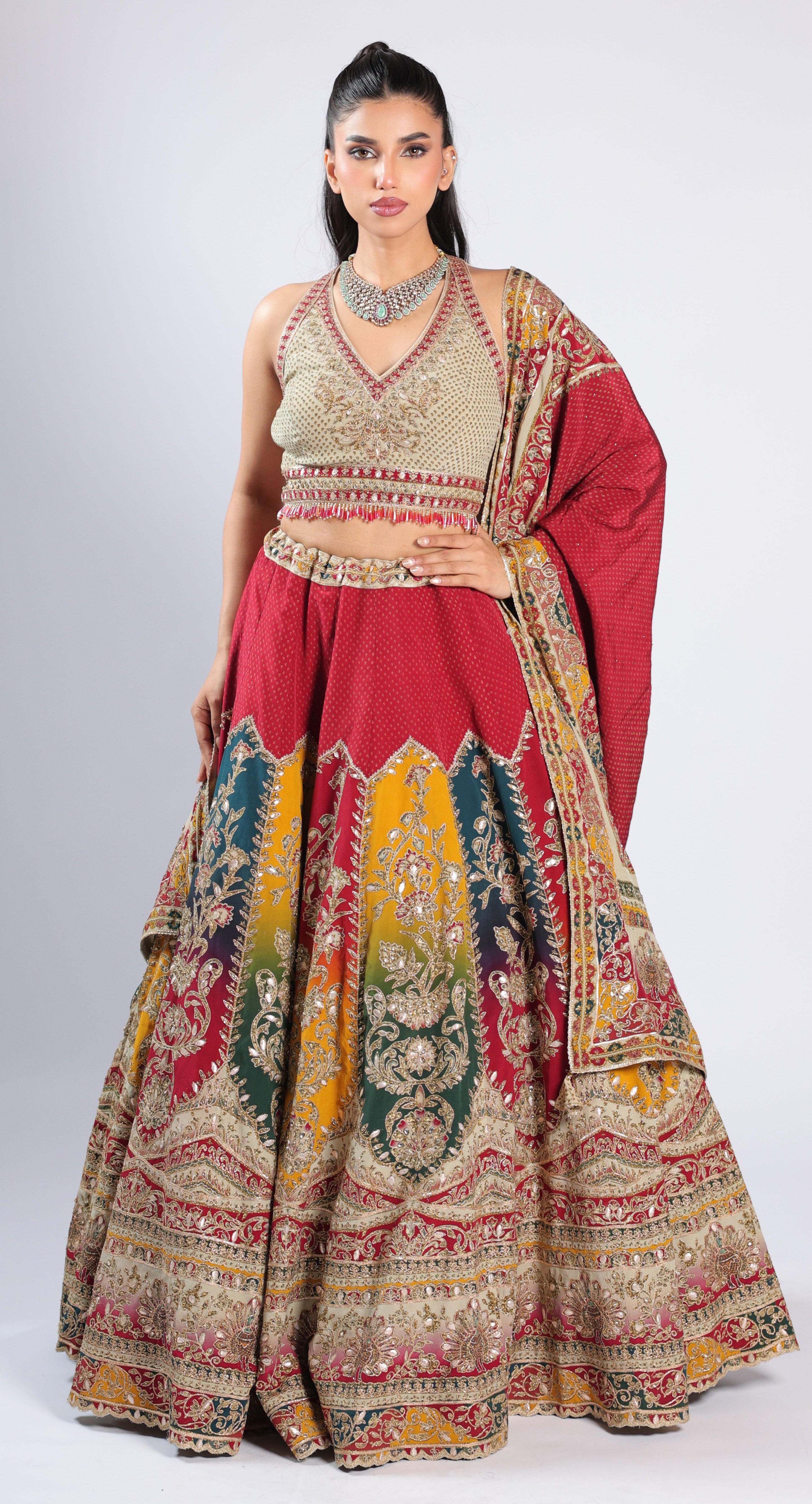 Red Lehenga Choli in Crepe with Zari, Seqins & Thread Work