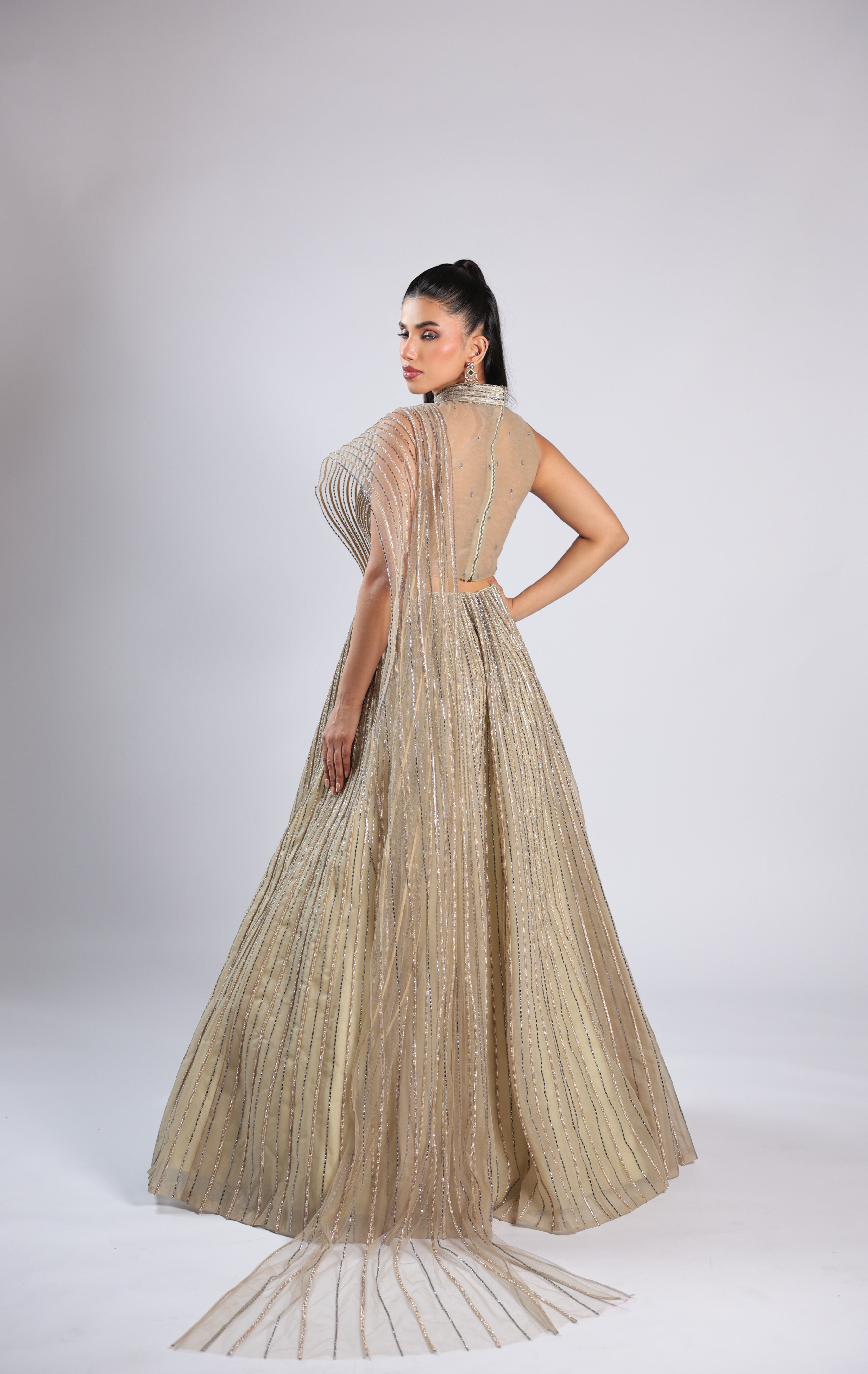 Pista Lehenga Choli in Shimmer Net with Shimmer Vertical Handwork