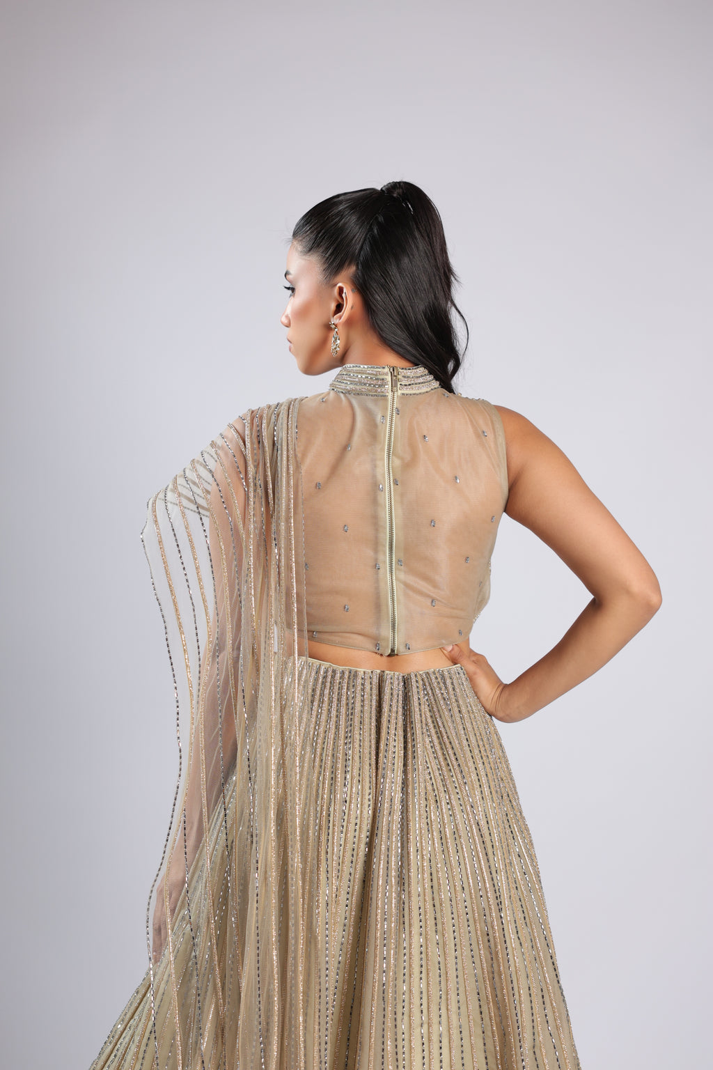 Pista Lehenga Choli in Shimmer Net with Shimmer Vertical Handwork