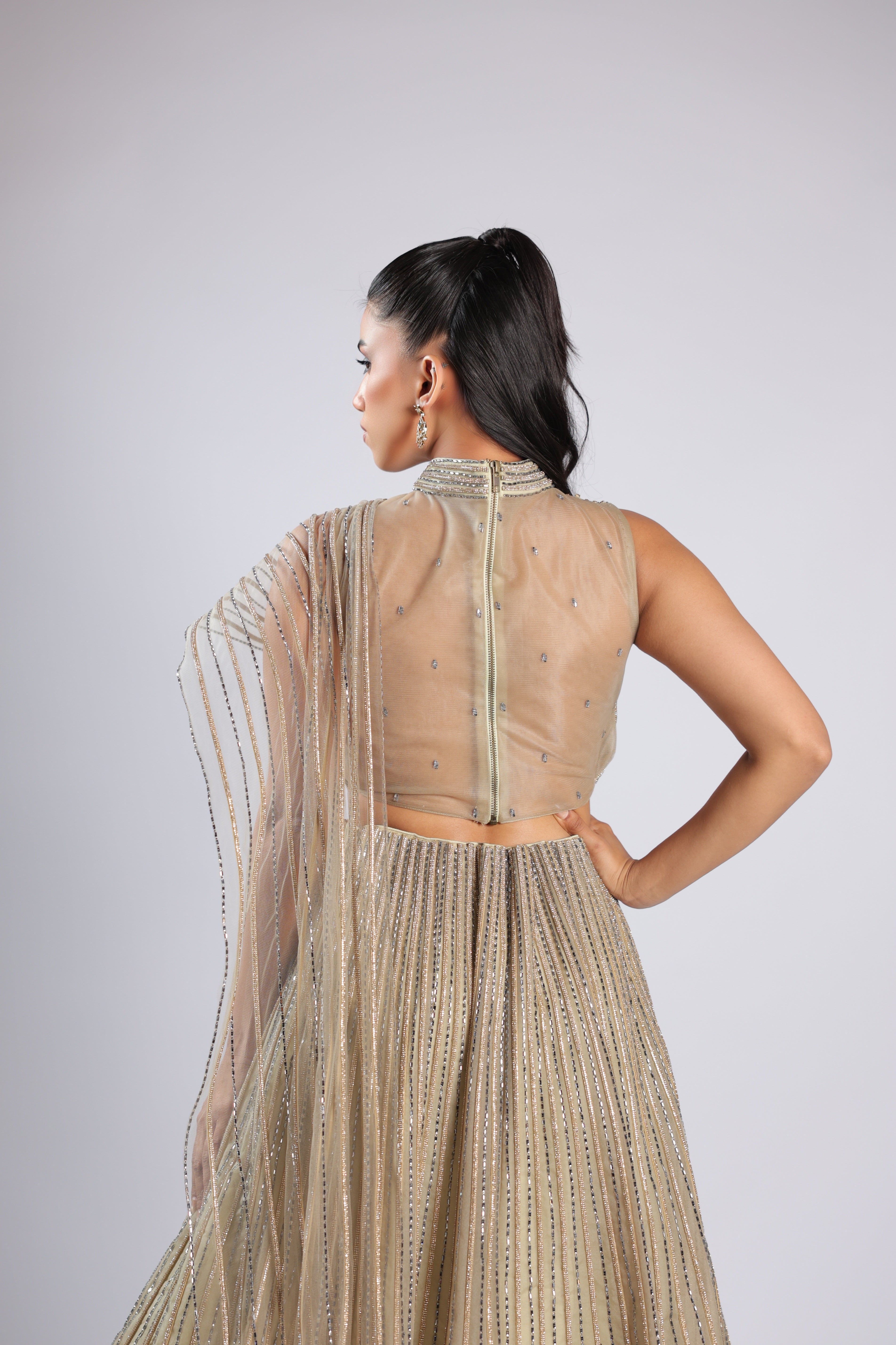Pista Lehenga Choli in Shimmer Net with Shimmer Vertical Handwork