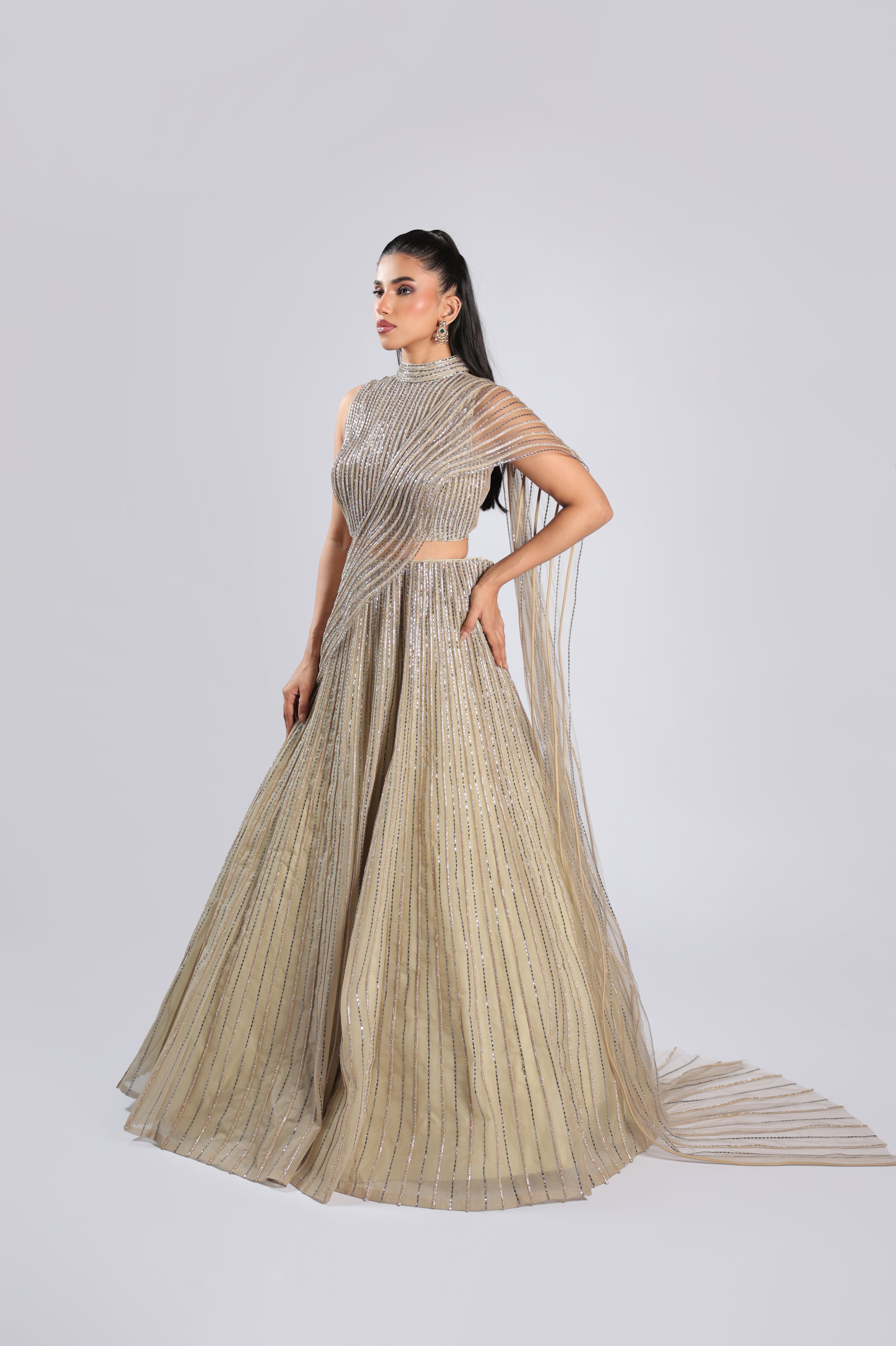 Pista Lehenga Choli in Shimmer Net with Shimmer Vertical Handwork