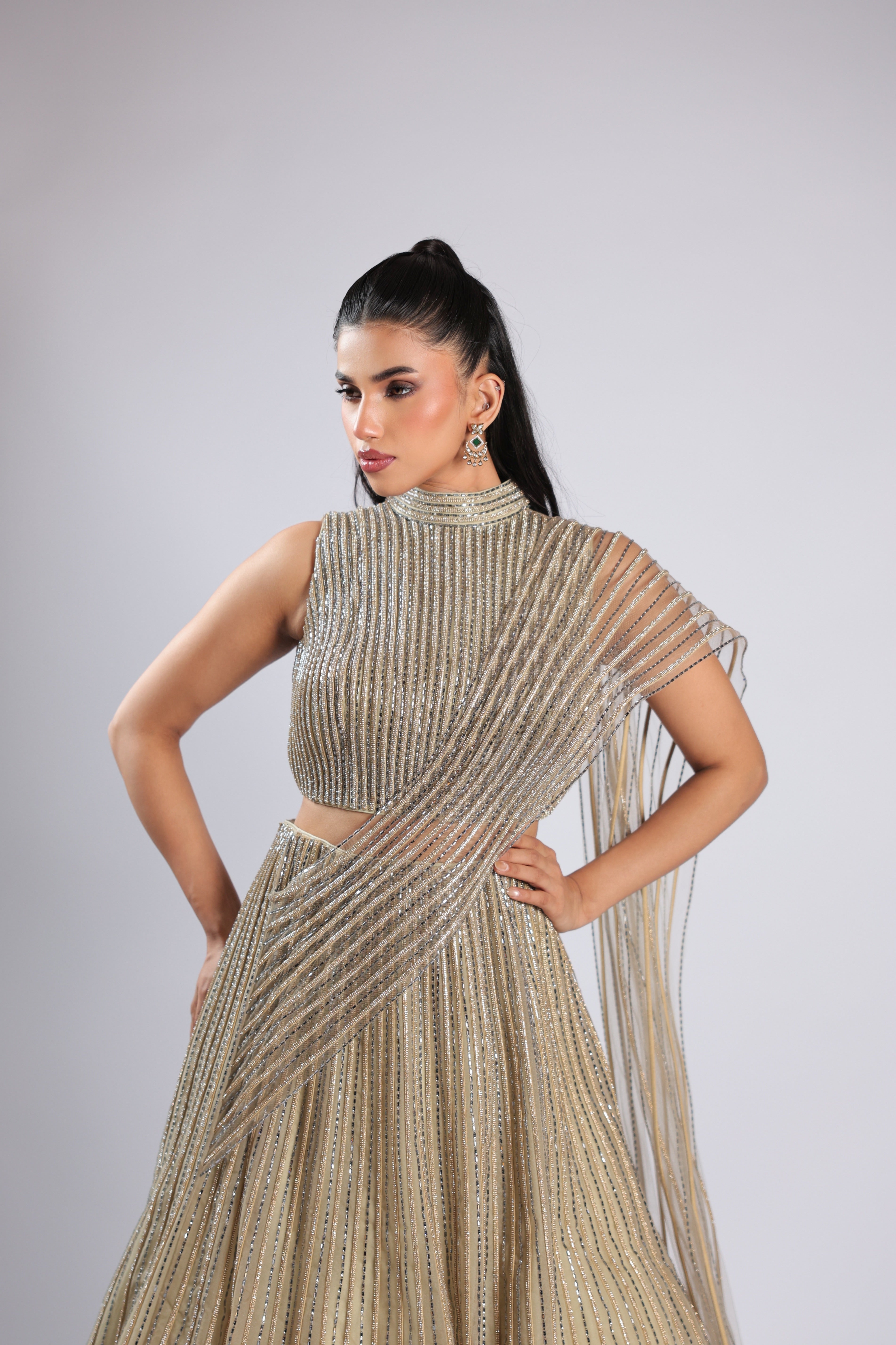 Pista Lehenga Choli in Shimmer Net with Shimmer Vertical Handwork