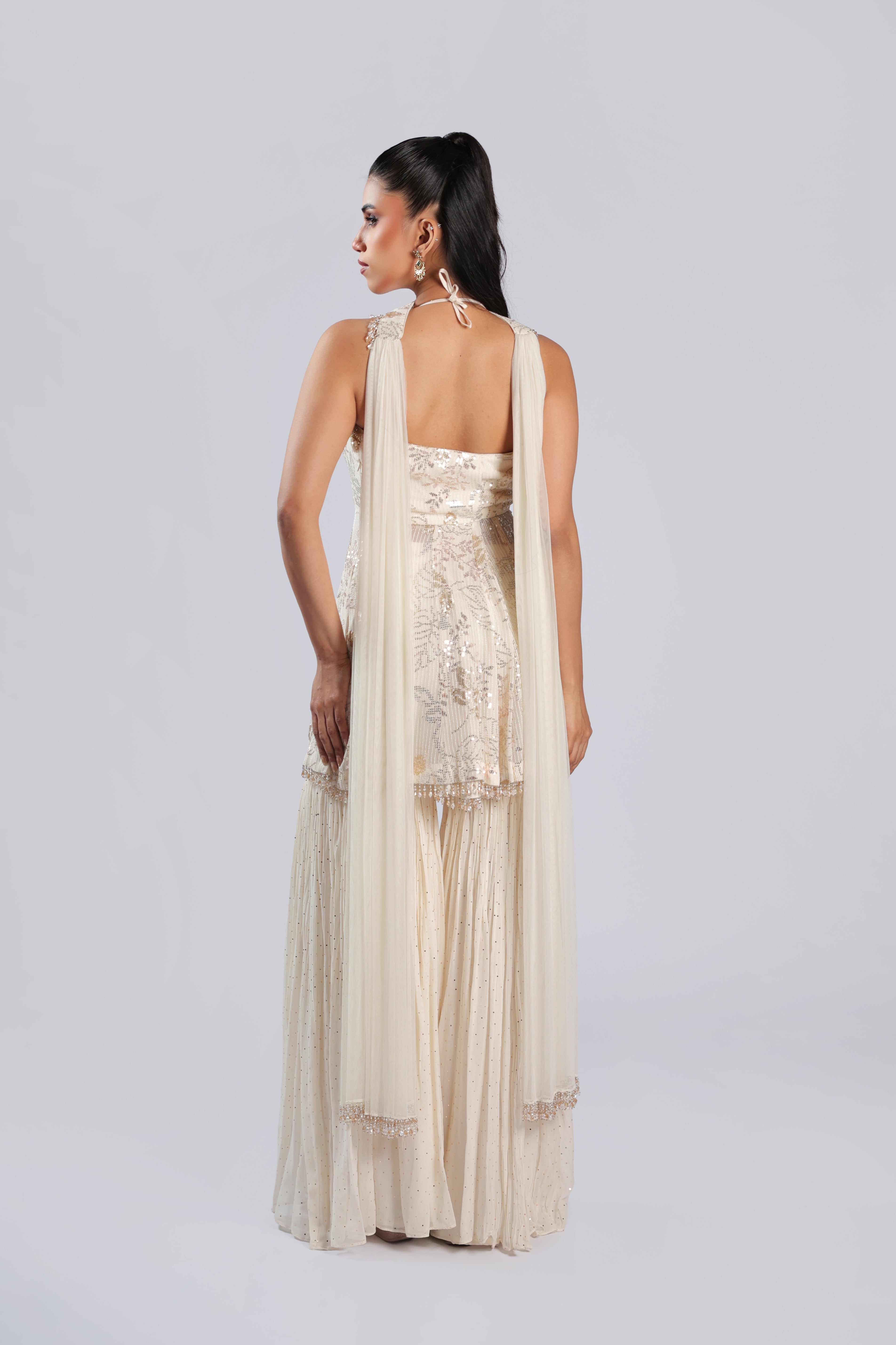 Ivory Lehenga Choli in Chiffon with Dense Silver & Gold Sequins