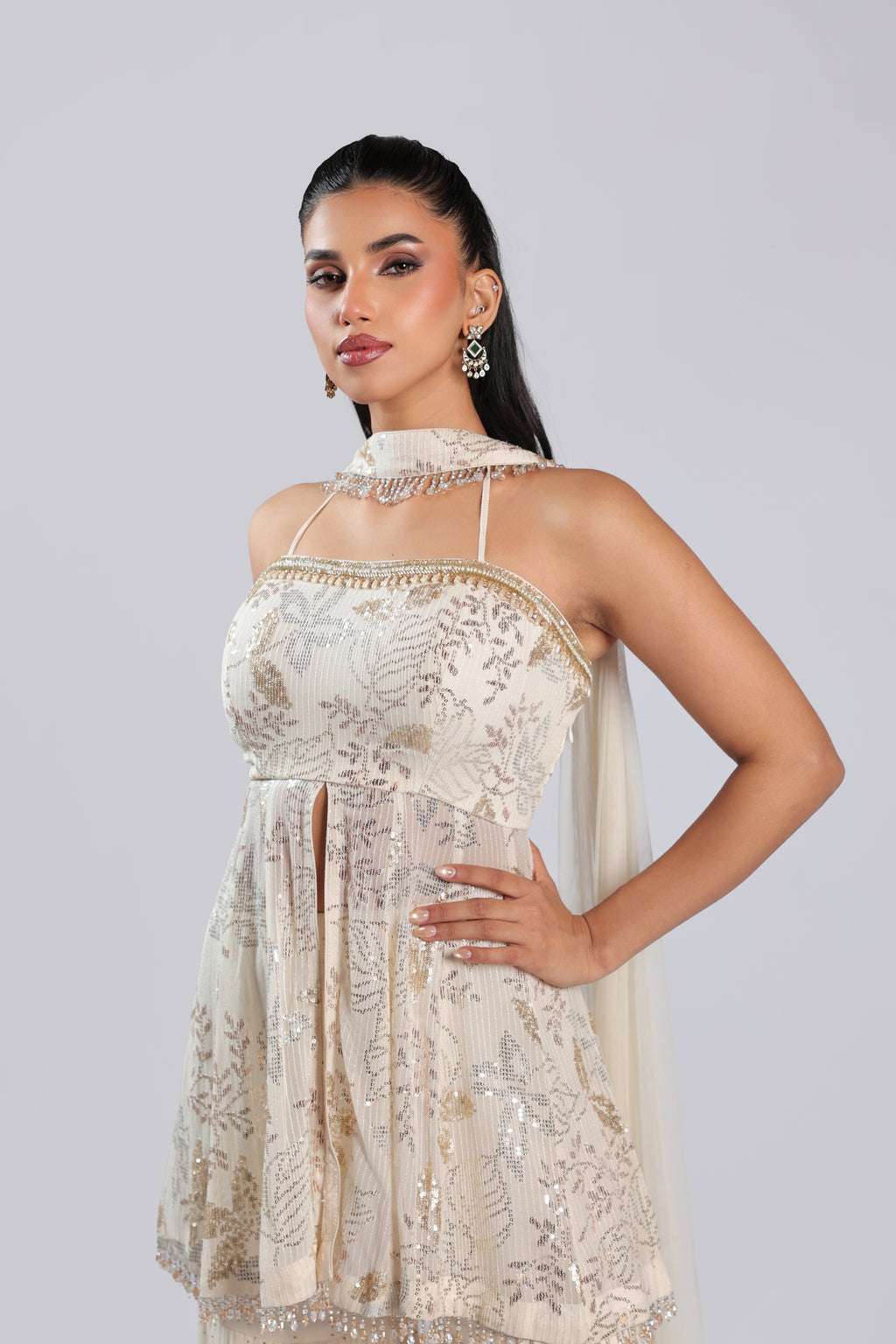 Ivory Lehenga Choli in Chiffon with Dense Silver & Gold Sequins