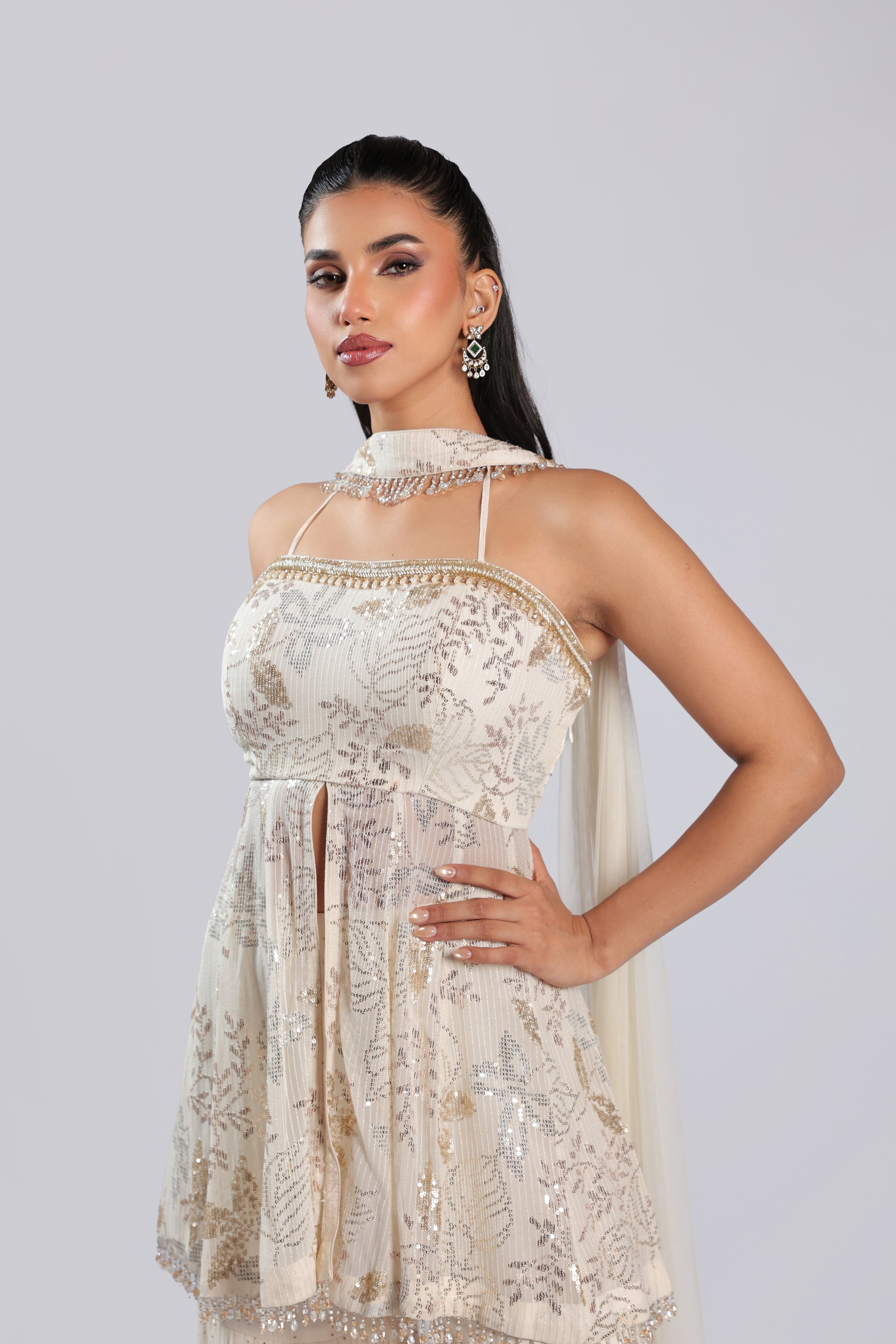 Ivory Lehenga Choli in Chiffon with Dense Silver & Gold Sequins