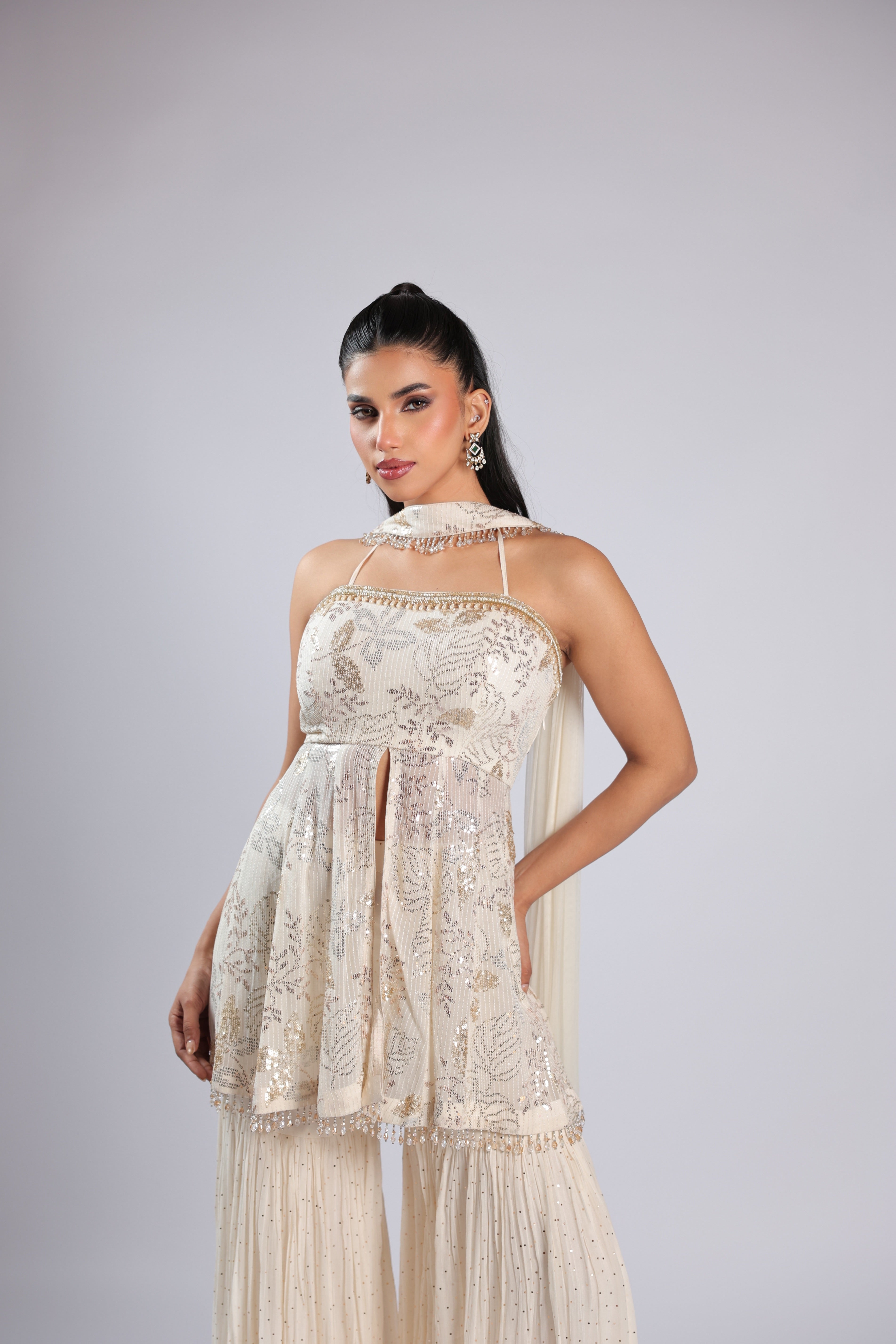 Ivory Lehenga Choli in Chiffon with Dense Silver & Gold Sequins