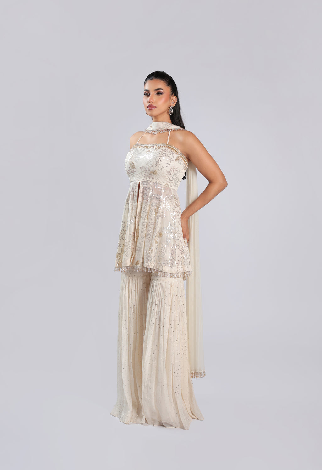 Ivory Lehenga Choli in Chiffon with Dense Silver & Gold Sequins